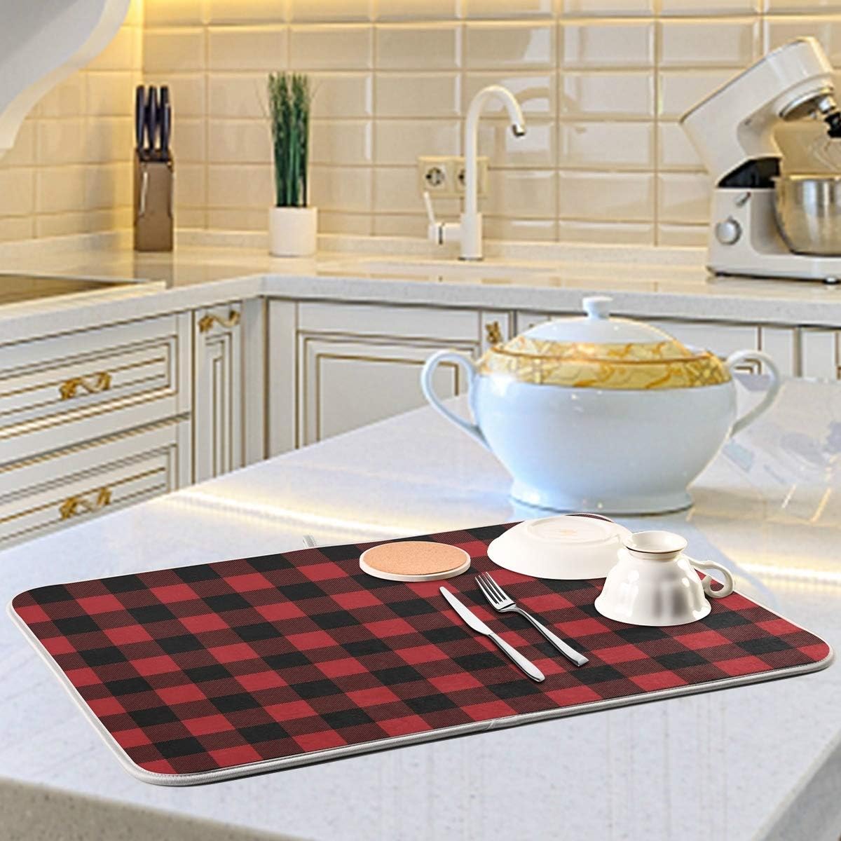 Red and Black Buffalo Plaid Dish Drying Mat 16x18 for Kitchen Merry Christmas Winter Xmas Dishes Pad Dish Drainer Rack Mats Absorbent Fast Dry Kitchen Accessories