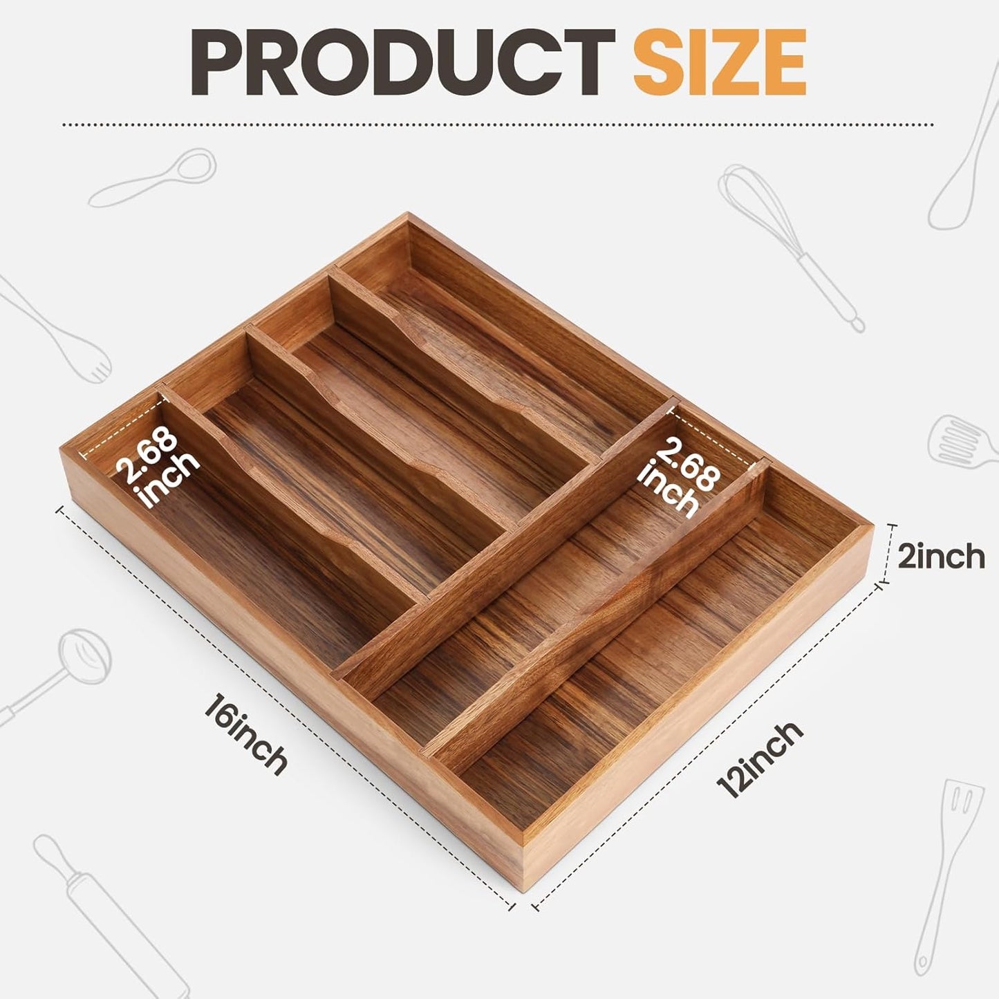 Acacia Wood Silverware Drawer Organizer, 12 Inch Adjustable Cutlery Tray for Kitchen Utensils, Silverware Flatware Storage Box with 5 Detachable Dividers (6-Compartment)
