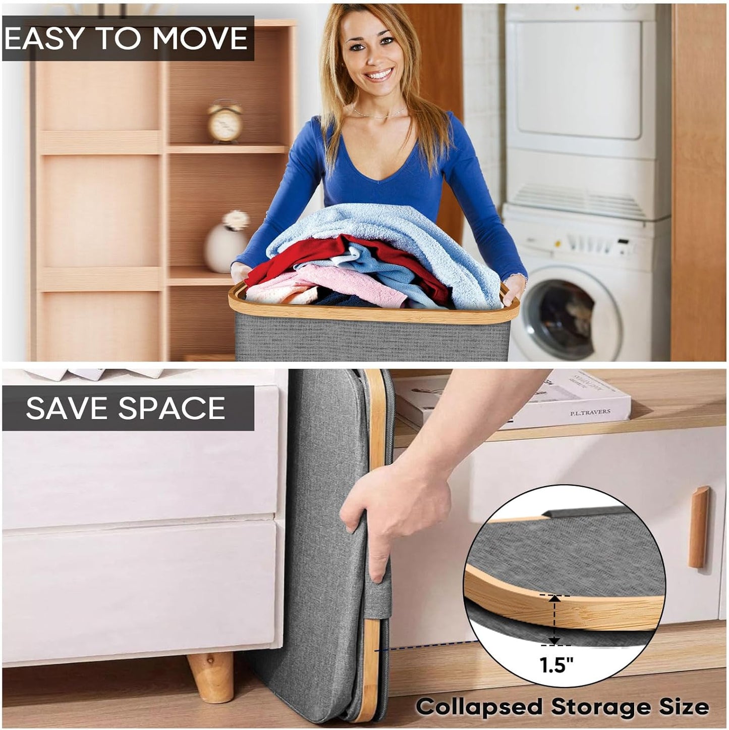 BALEINE Laundry Hamper with Lid, Tall Laundry Baskets with Bamboo Pull Handles, Large Laundry Bin with Internal Support (36 Gal/140L, Pink)