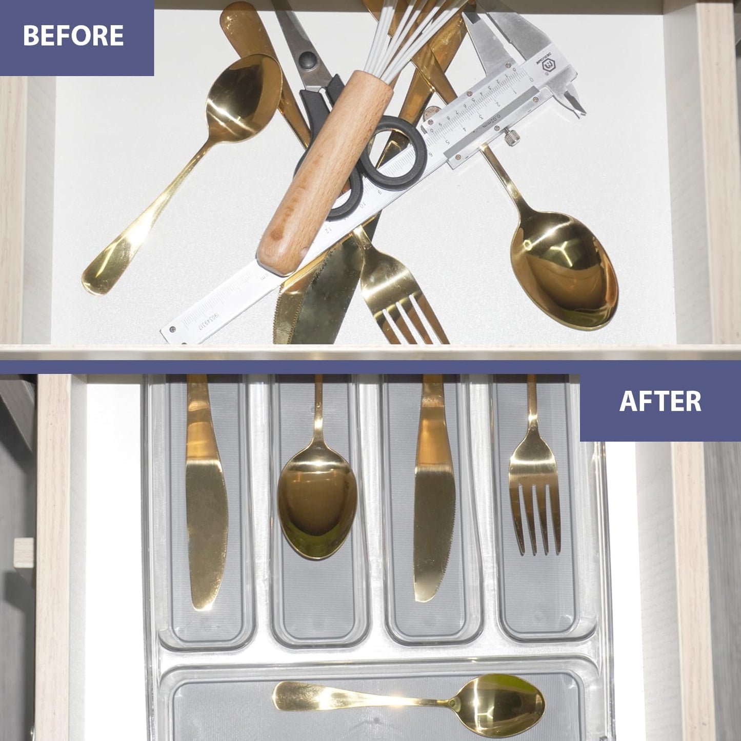 5 Compartments Silverware Tray for Drawer, Plastic Utensil Cutlery Drawer Organizer w/Grip Lining (Clear&Grey)