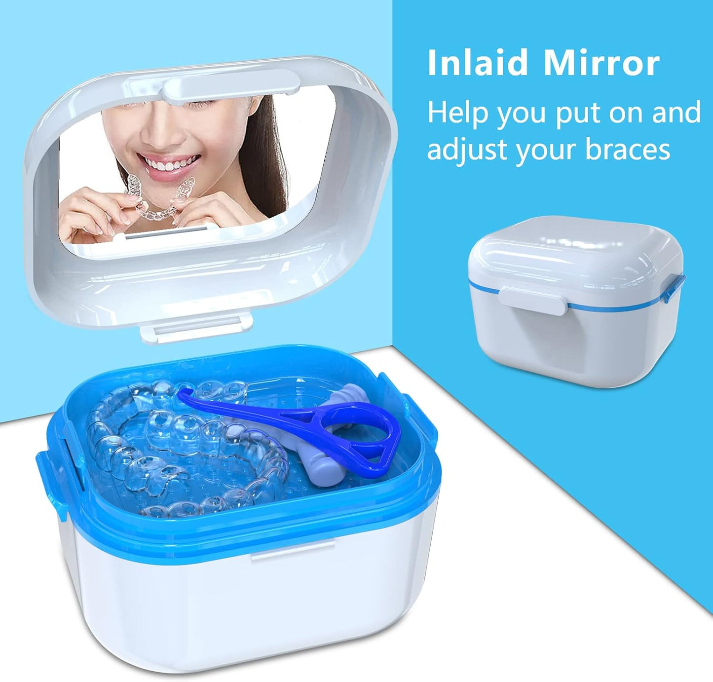 BVN Denture Case Denture Cup for Soaking Dentures Retainer Cleaner Case with Mirror Mouth Guard Case False Teeth Container White Blue