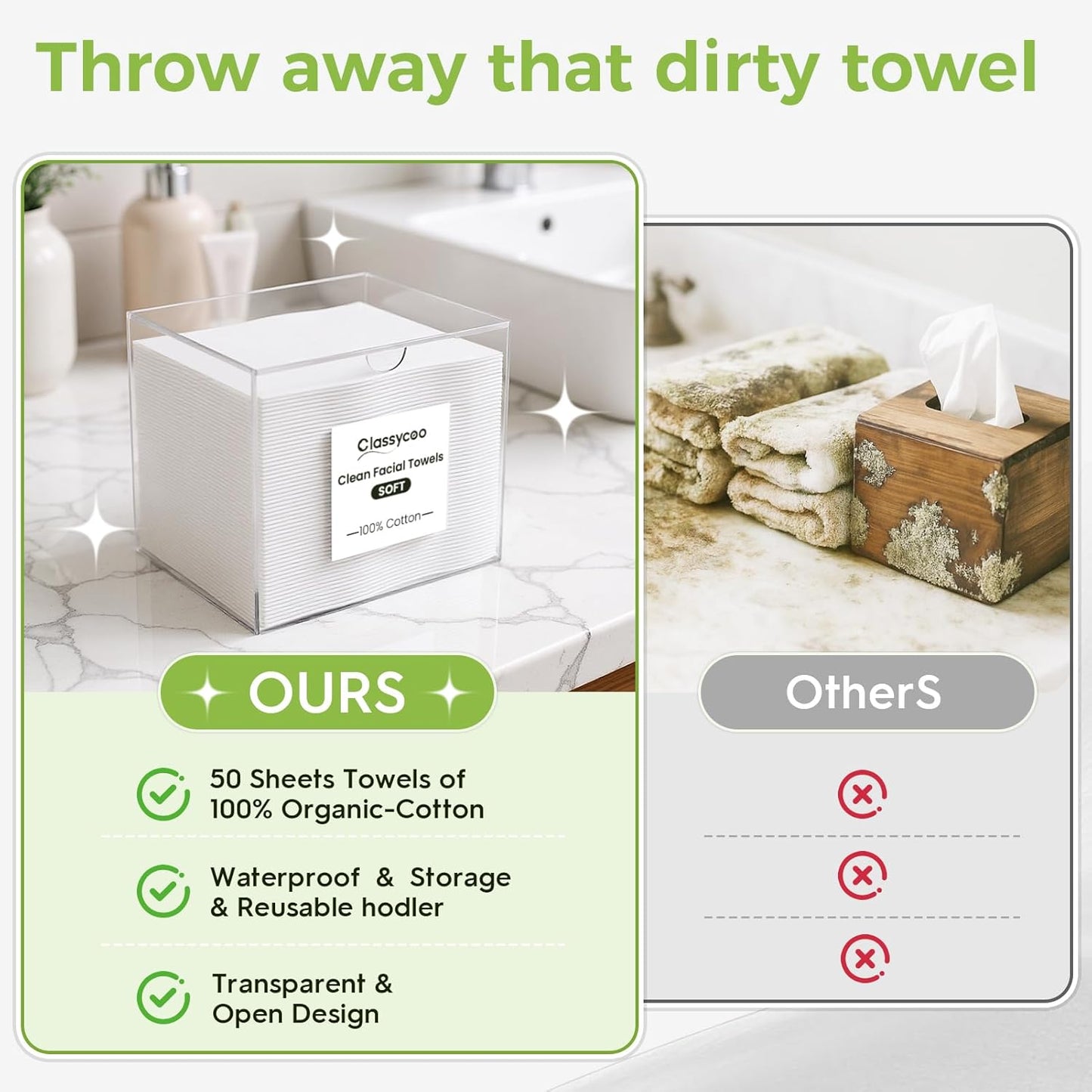 50 PCS Disposable Face Towel Holder, Acrylic Cosmetic Container for Clean Skin Club, XL Clean Towel Makeup Remover Wipes Waterproof Box for Dresser Countertop, Bathroom Storage(Includes Cotton Cloth)