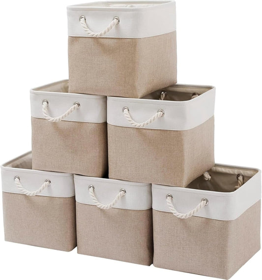 Mangata Canvas Storage Boxes, 13 Inch Cube Storage Bins Set of 6, Fabric Baskets with Cotton Rope Handle for Organizing Clothes Nursery Home (Khaki/White)