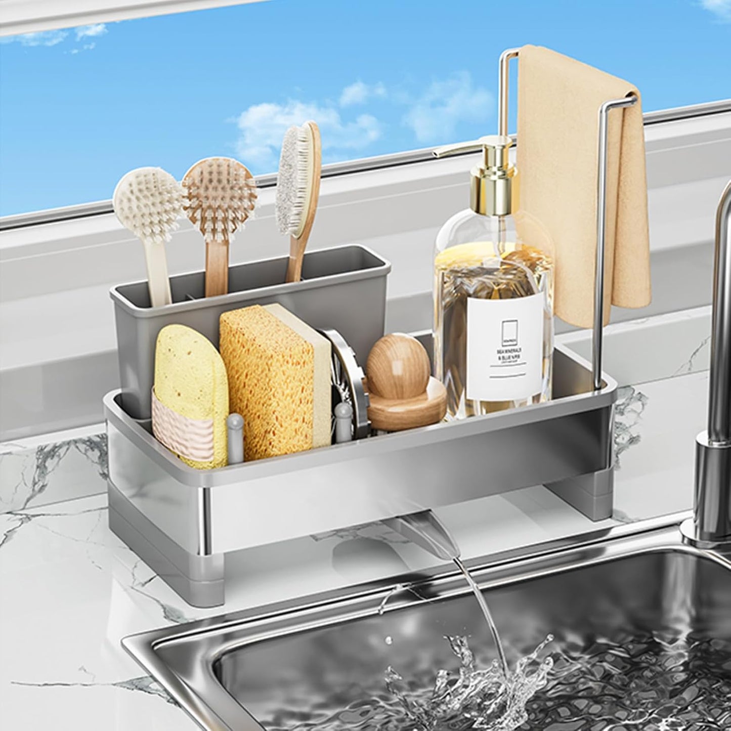 Sponge Holder for Kitchen Sink,Sink Caddy Organizer with Removable Brush Holder,Kitchen Countertop Soap Dispenser Storage with Detachable Towel Rack, Grey