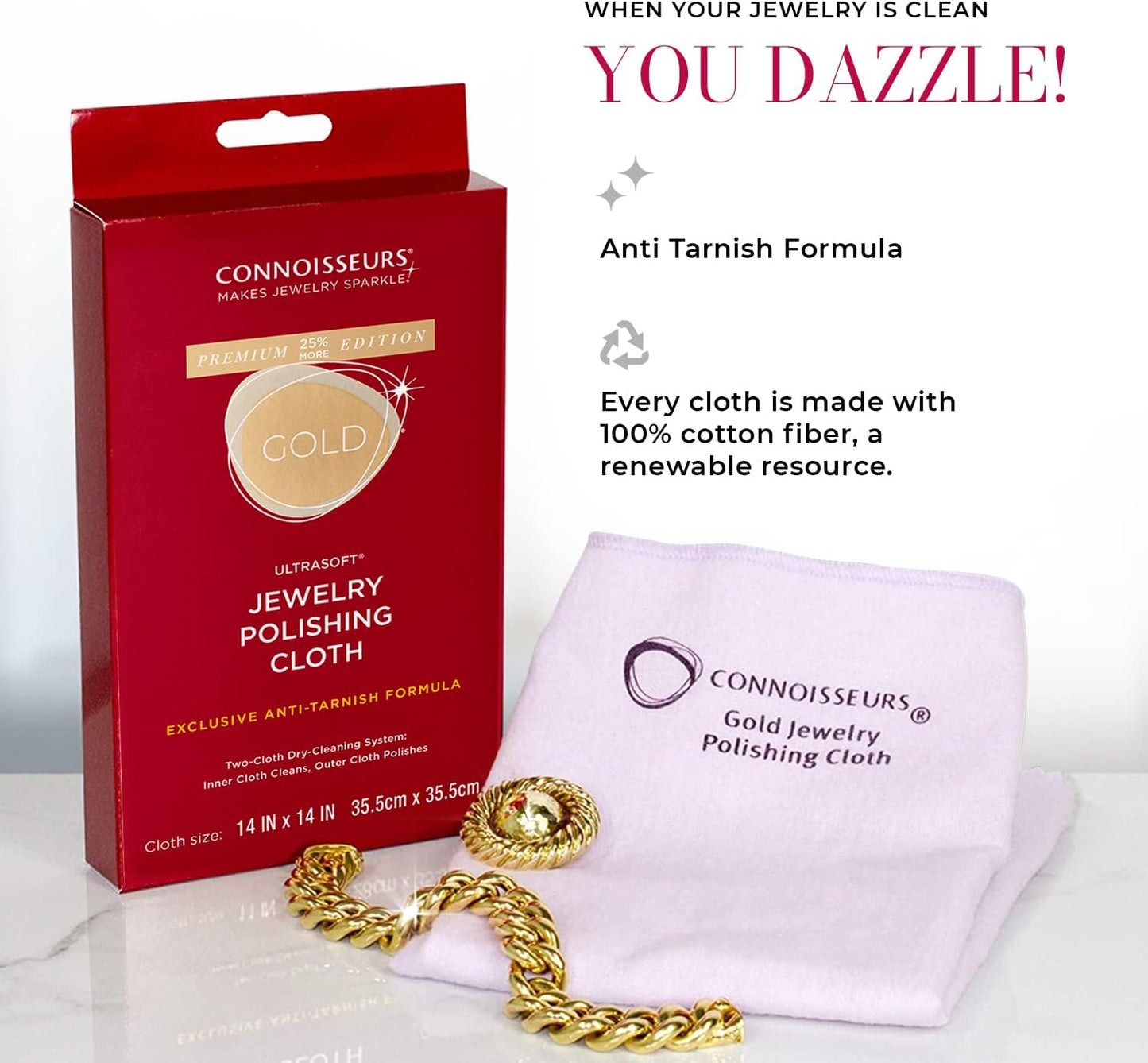 CONNOISSEURS Premium Edition Extra Large Polishing Cloth for Gold Jewelry - Ultrasoft Fabric with Anti-Tarnish Formula - 14x14 Inches