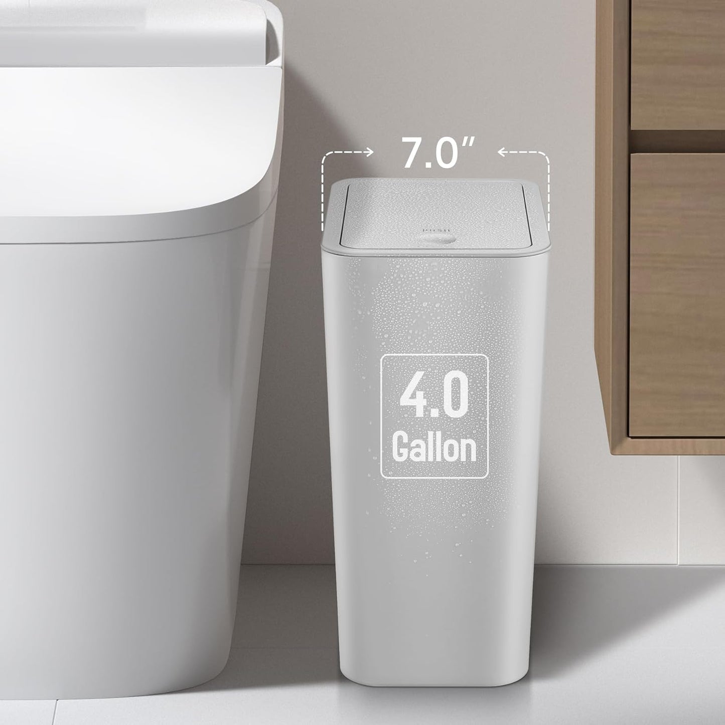 TIPGO Bathroom Trash Can with Lid, 4 Gallon / 15 Liter Small Garbage Can, Press Top Bin, Plastic Wastebasket with Pop-Up Lid for Bedroom, Living Room, Office (Grey)