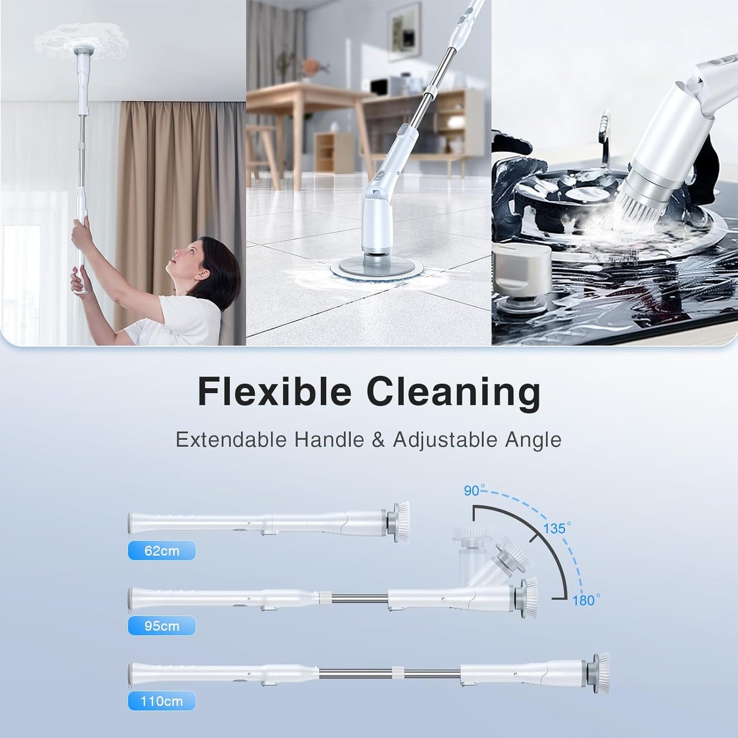 LABIGO Electric Spin Scrubber LA3 Pro, Cordless Bathroom Scrubber with 5 Replacement Head, 3 Adjustable Angle, Household Power Cleaning Brush with Extension Arm for Bathtub Window Car Grout Tile Floor