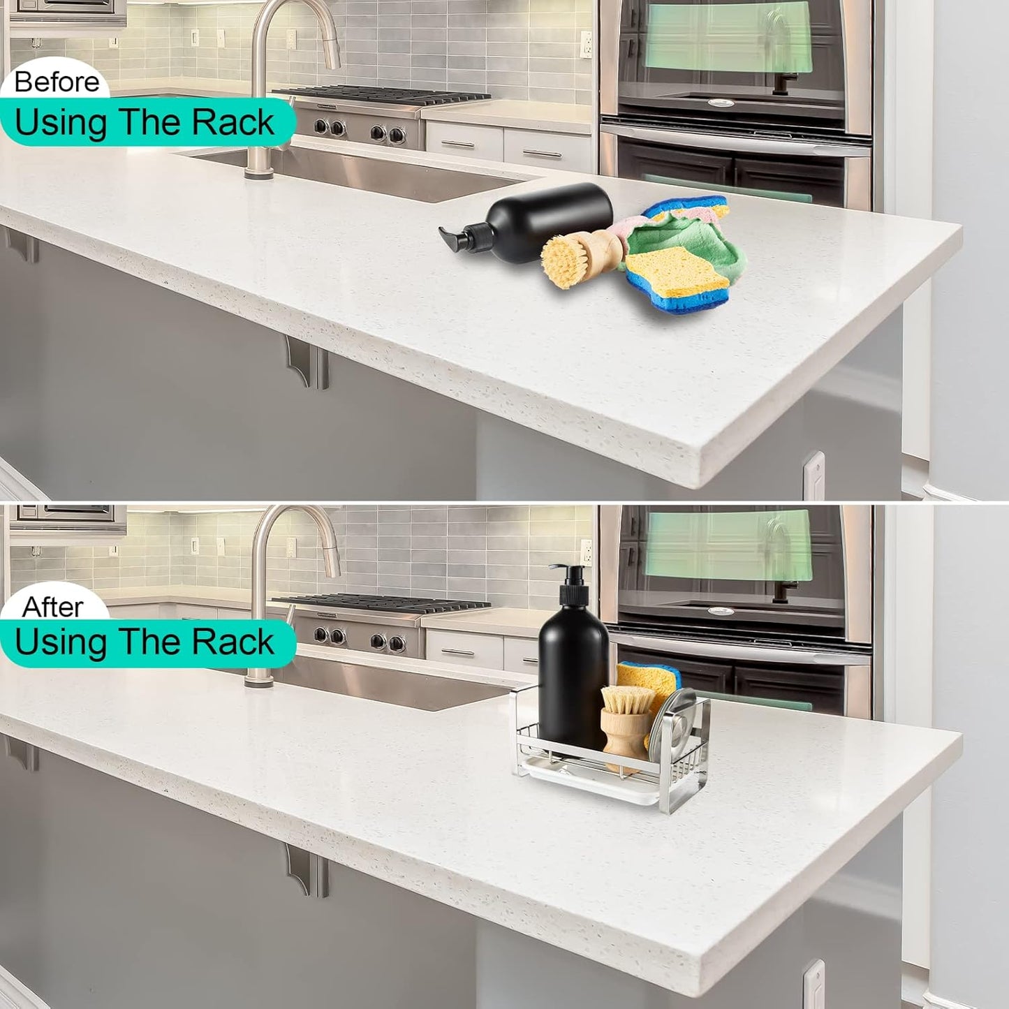 TEZZ Sponge Holder for Kitchen Sink, Stainless Steel Kitchen Storage Sink Caddy for Organizing Sponge, Brush & Dish Soap Dispenser, Sink Organizer Rack with Adhesive or Counter top, Silver