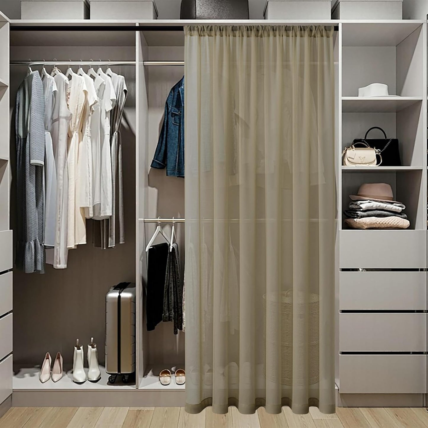 Tollpiz Short Sheer Door Curtain Closet Linen Textured Curtain Sheers Doorway Light Filtering Voile Patio Glass Door Rod Pocket Curtains French Door, 54 x 54 inches Long, Taos Taupe, Set of 1 Panel