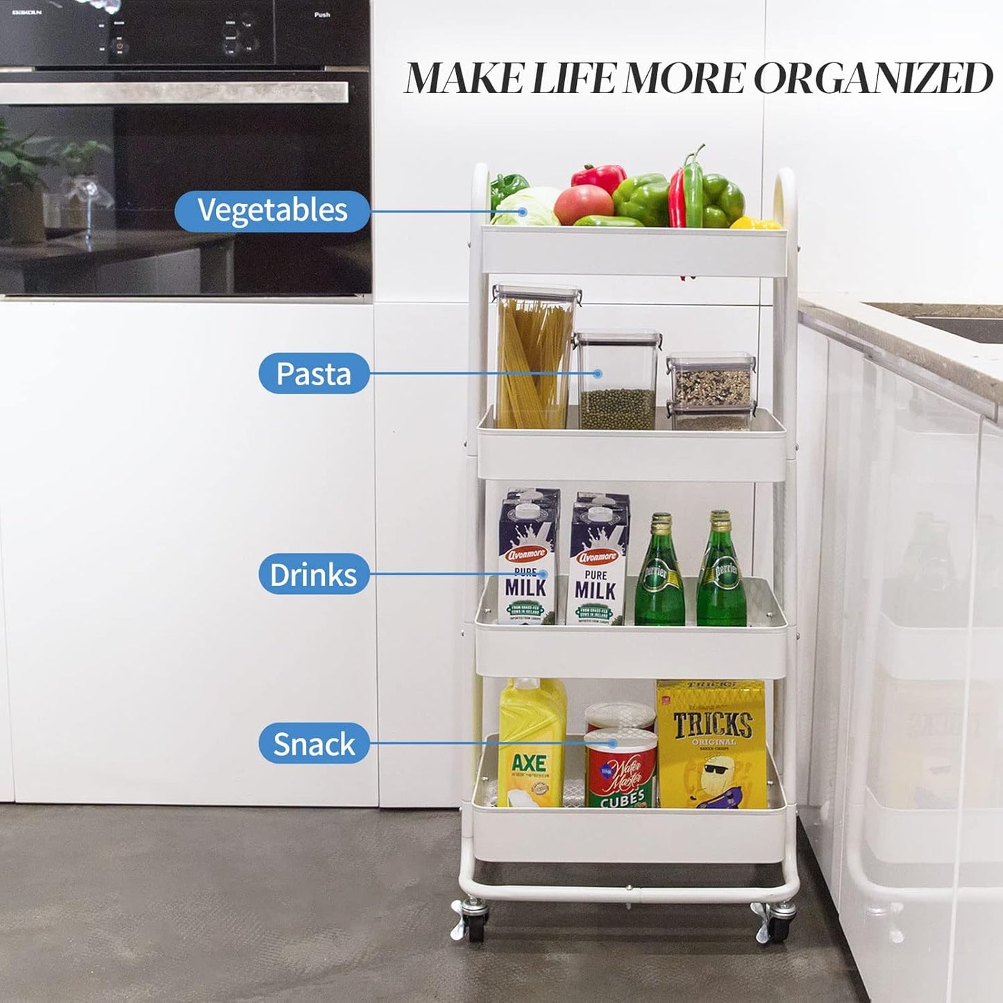 elabo 4-Tier Metal Mesh Utility Rolling Cart, Storage Organizer Trolley Services Cart with Lockable Wheels for Kitchen, Bathroom, Living Room (White)