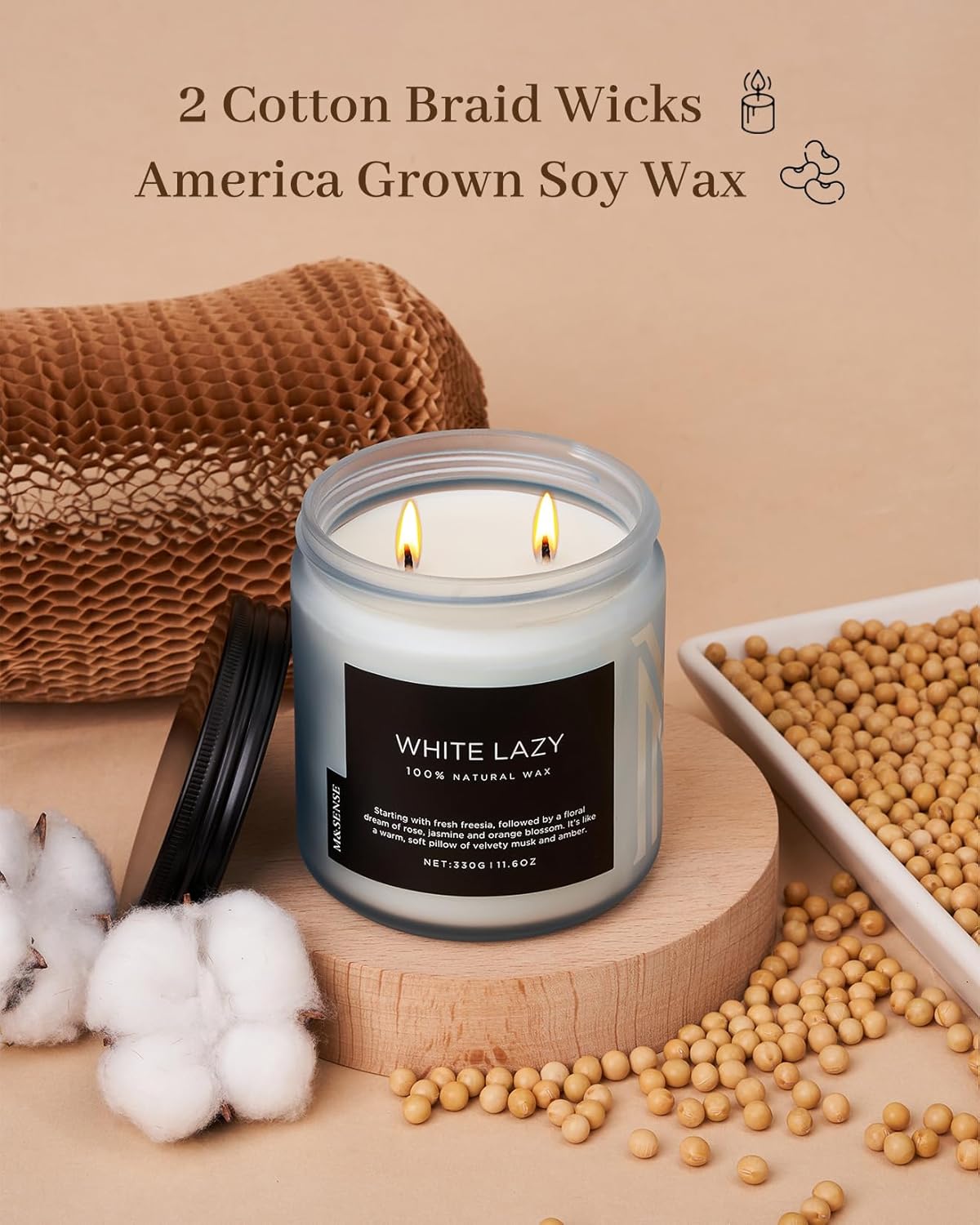 M&SENSE Jasmine & Clean Cotton Spring Scented Candle, 11.6oz Aromatherapy Gifts 2 Wick 70 Hours Long Lasting Burn, Natural Organic Soy Candle, Housewarming Gifts for Dad Mom Friends