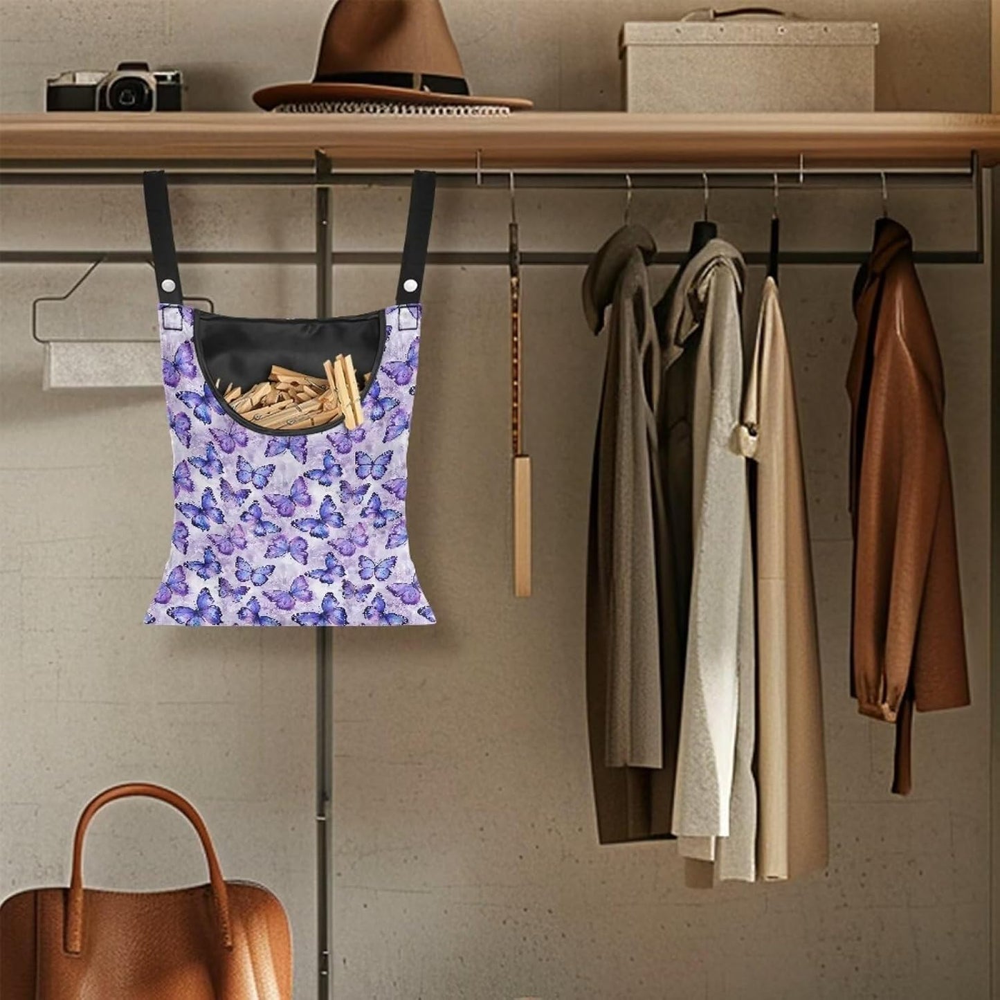 2 Pcs Butterfly Purple Clothespin Bag for Clothesline Outdoor, Soft & Lightweight Hanging Bag for Laundry, Clothes Pins Bag Holder Outdoor, Clothes Pin Bag for Outside