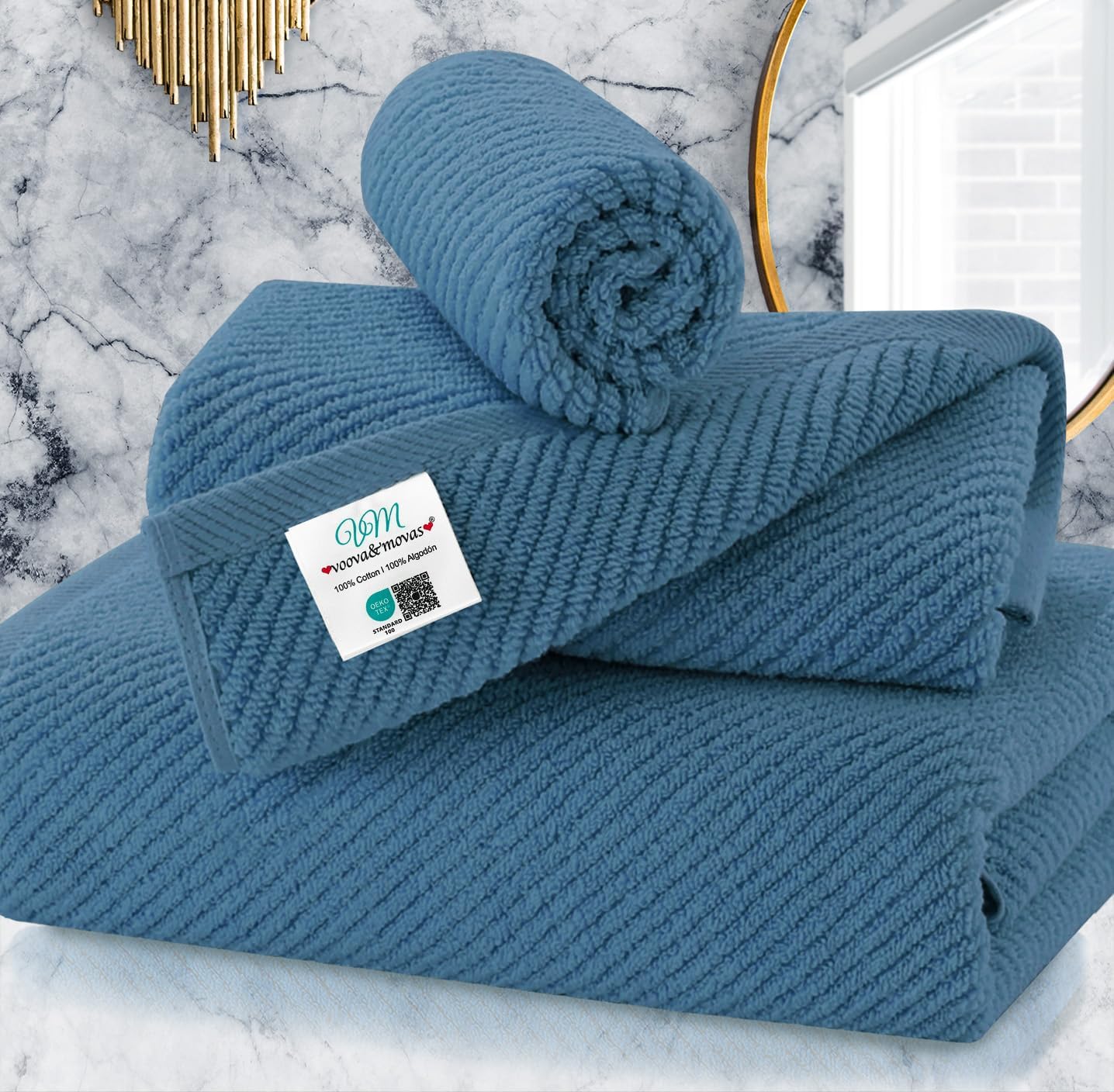 VOOVA & MOVAS Labrador Blue Towels for Bathroom, 100% Cotton | Quick Dry | Soft | Thick, 3 Piece Towel Set, 1 Large Bath 30" x 56", 1 Hand 18" x 28", 1 Wash Cloth 13" x 13", Bathroom Essentials