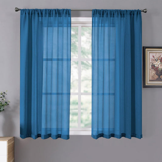 Tollpiz Short Sheer Curtain Living Room Linen Textured Curtains Sheer Light Filtering Voile Rod Pocket Curtain for Bedroom, 38 x 54 inches Long, Classic Blue, Set of 2 Panels