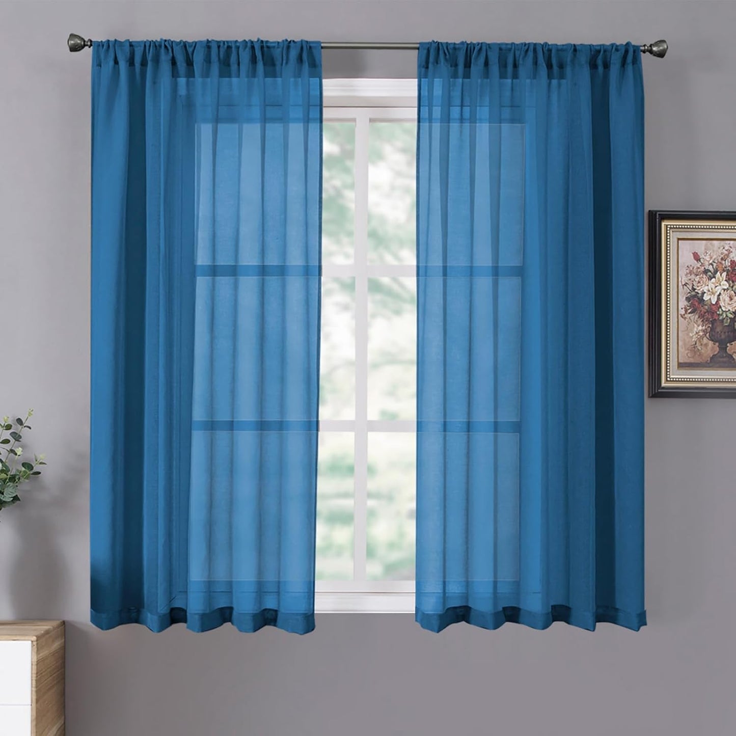 Tollpiz Sheer Curtains Linen Textured Living Room Curtain Sheers Light Filtering Rod Pocket Voile Curtains for Bedroom, 42 x 63 inches Long, Classic Blue, Set of 2 Panels