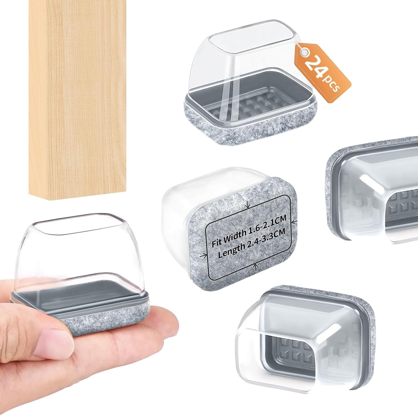 Ezprotekt 24 Pcs Rectangle Black Silicone Chair Leg Floor Protectors Caps, Rectangle Felt Furniture Pads Covers Cups for Desk Chair Table (Fit W :0.6-0.8", L: 0.9-1.3", Grey)