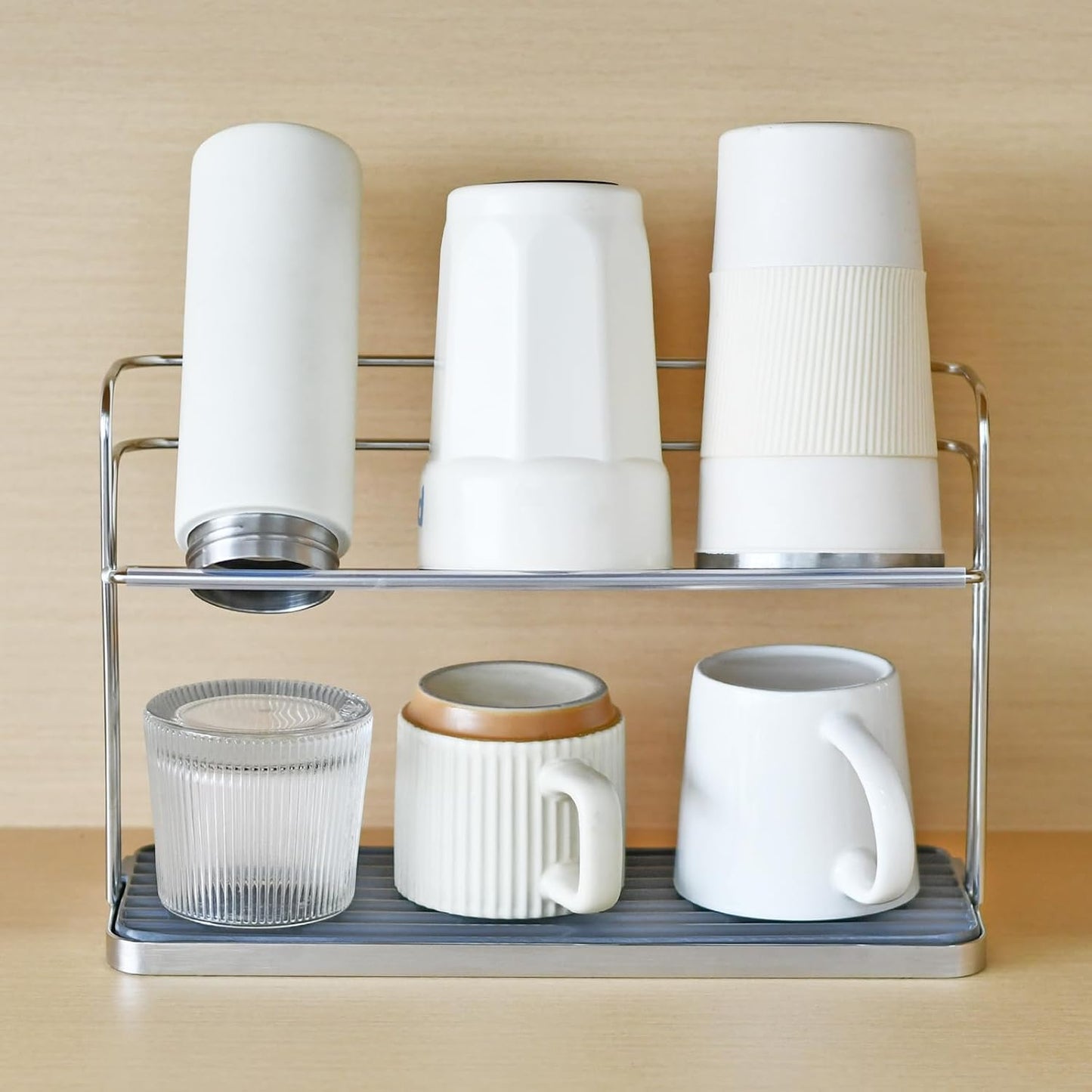 Bottle & Cup Drying Rack with Drain Tray (Stainless Steel Silver)