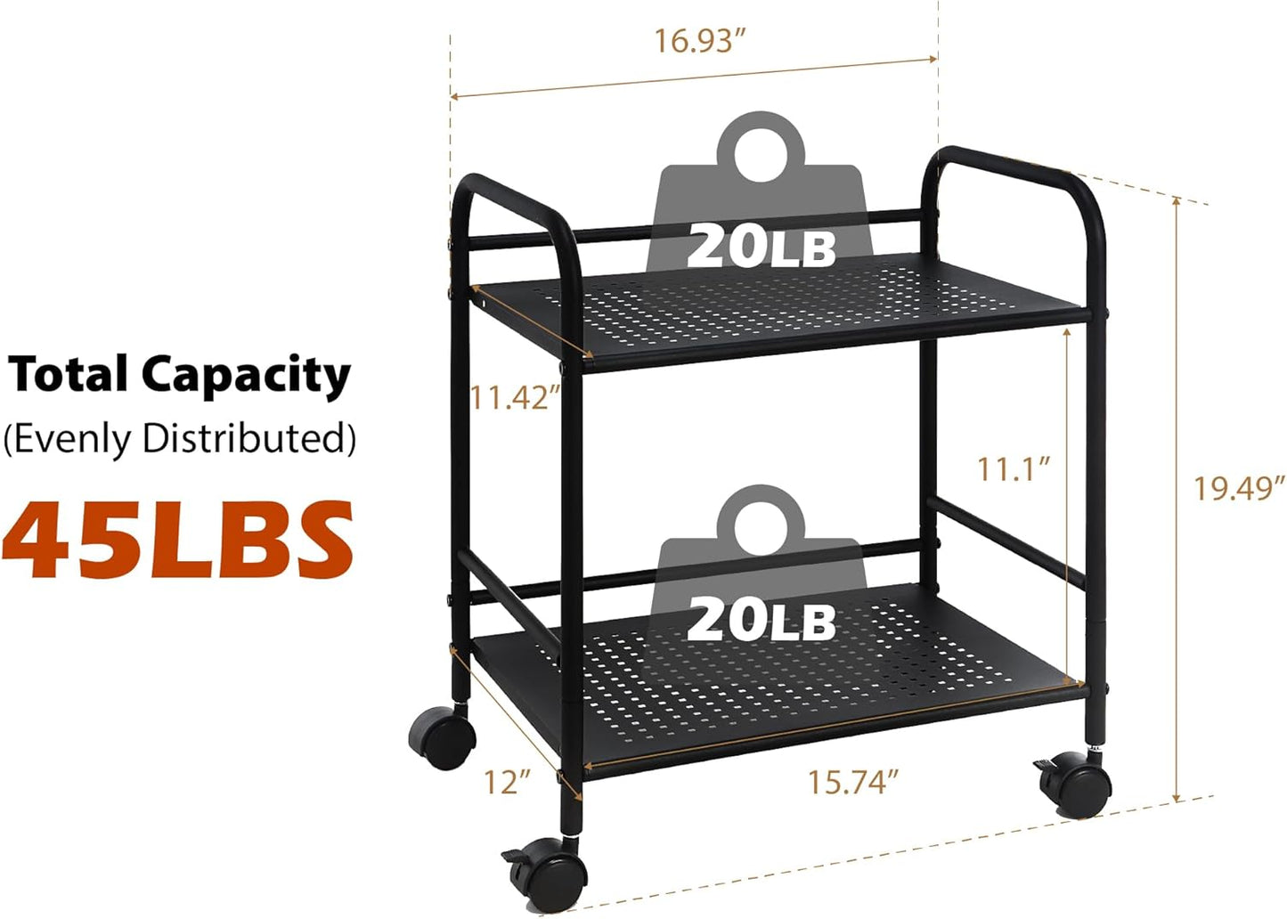 SunnyPoint 2-Tier Metal Rolling Utility Cart – Mobile Storage Shelf with Caster Wheels – Small Space Organizer for Home, Office, Bedroom, Kitchen (BLK)