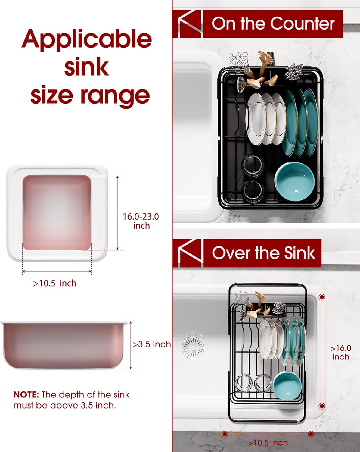 Dish Drying Rack in Sink - Expandable Stainless Steel Dish Rack Over The Sink, Kitchen Sink Drain Strainer with Cutlery Holder & Cup Holders, 15.2 x 10.0 x 4.2 Inch, Black