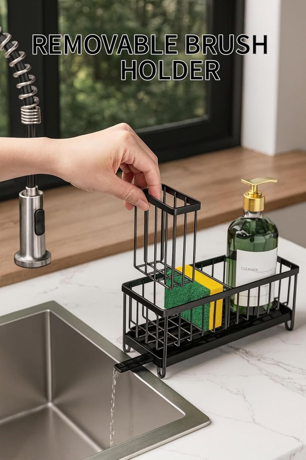 BSHG King Black Sponge Holder for Kitchen Sink, Sink Caddy Organizer with High Brush Holder, Kitchen Countertop Organizers and Storage Essentials,rustproof Stainless Steel(1Sink Caddy + 2 Sponges)