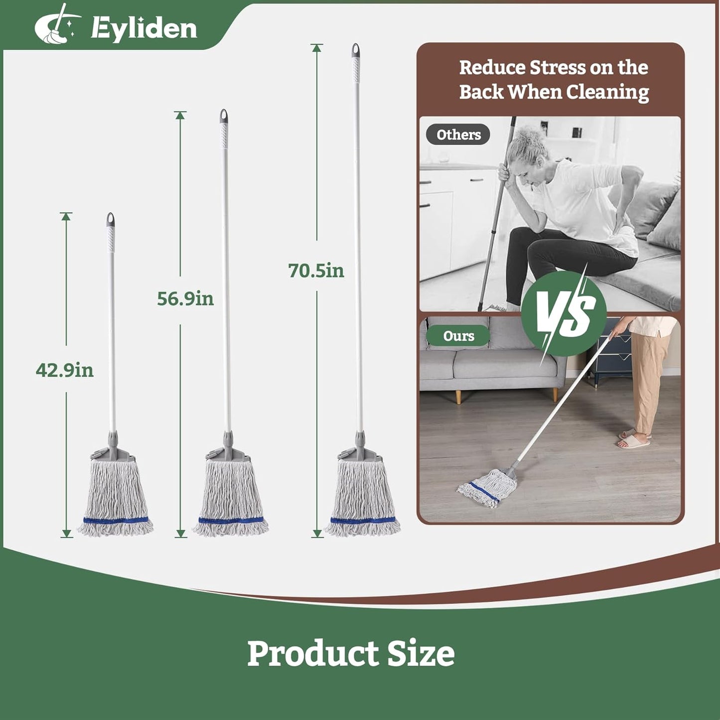 Eyliden String Mops for Floor Cleaning, Heavy Duty Looped-End Commercial Mops with Extra Mop Head Replacement, Universal Industrial Cotton String Mop for All Surfaces, Kitchen Bathroom Home