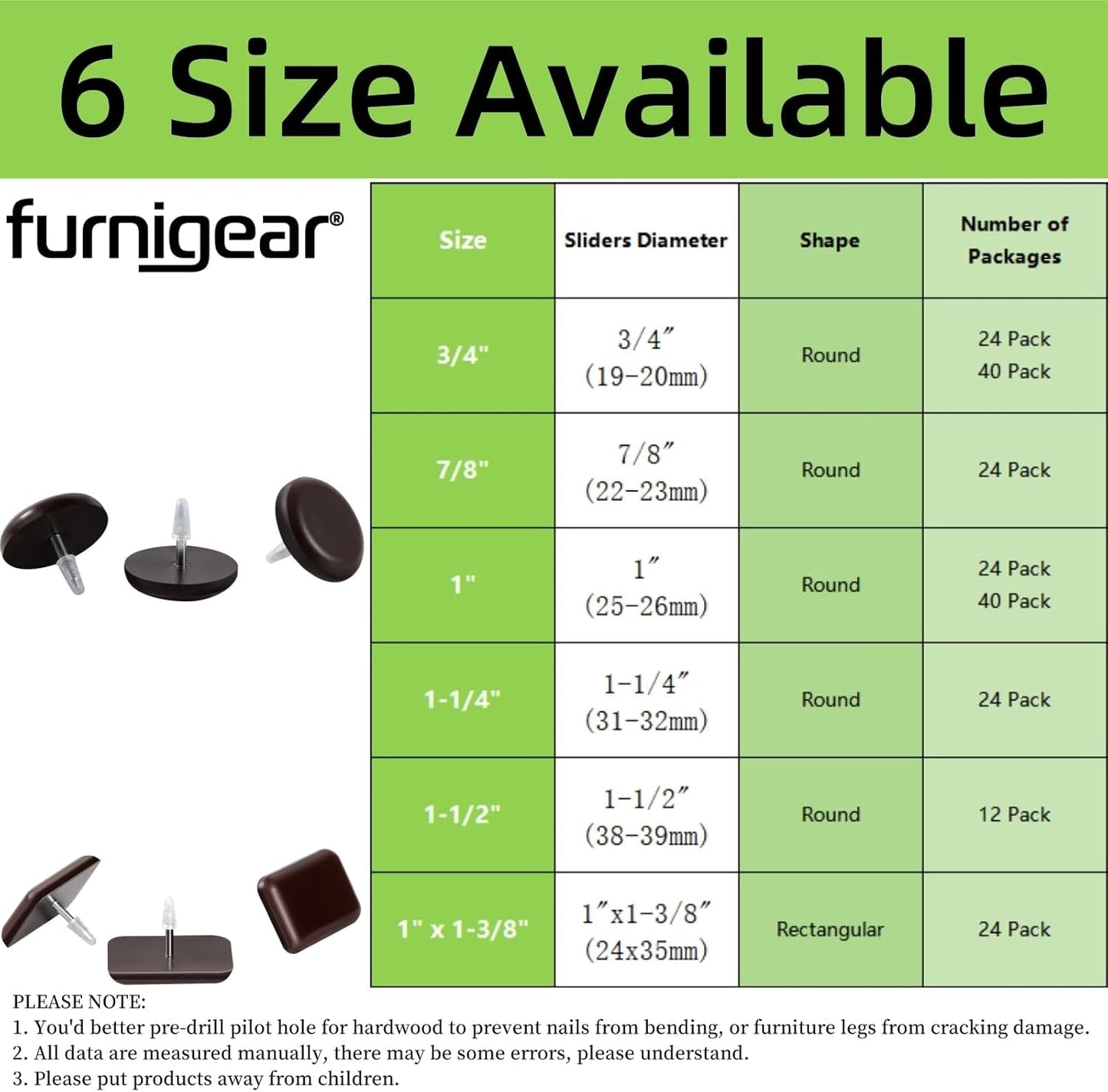 Furniture Sliders-Furnigear (Teflon) Nail in Chair Glides for Carpet and Hardwood Floor - Move Your Furniture Easily & Safely - Best Floor Protector (1x1-3/8 Nail, Brown-24 Pack)