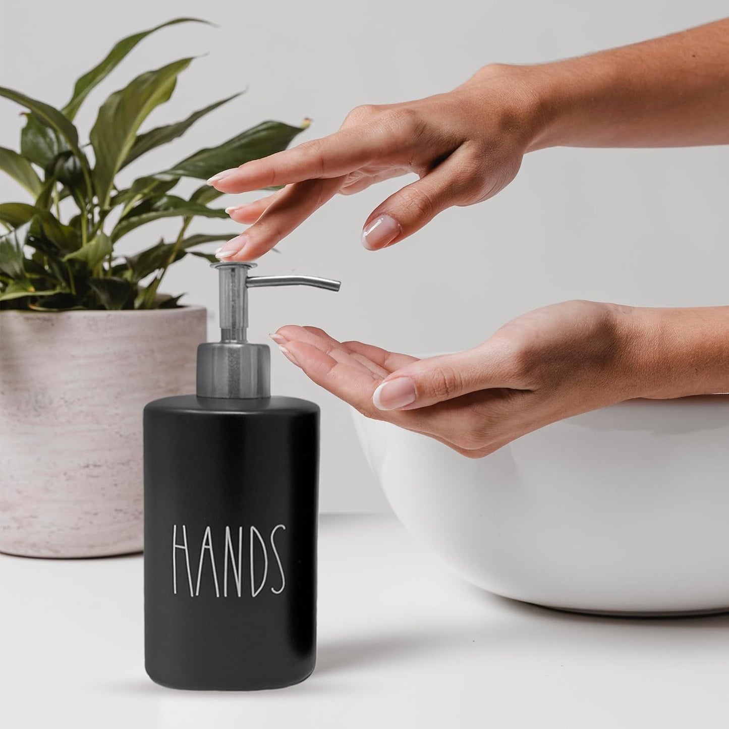 Modern Farmhouse Ceramic Dishes and Hands Soap Dispenser Set for Kitchen | Stainless Steel Pumps | 14oz, Black Bottles | Kitchen Décor for Counter