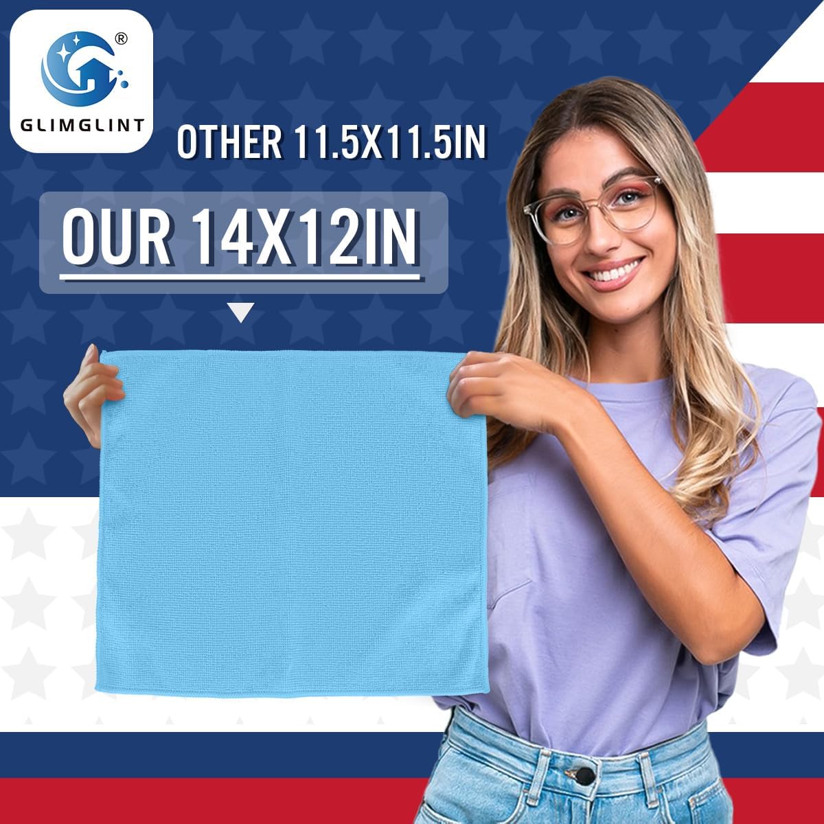 GLIMGLINT Blue Microfiber Cleaning Cloth, 12 Pack Cleaning Towels for Kitchen, Lint Free, Scratch-Free, Highly Absorbent, and Reusable Cleaning Rags for House, Window and Glass, Cars, 14"X12"