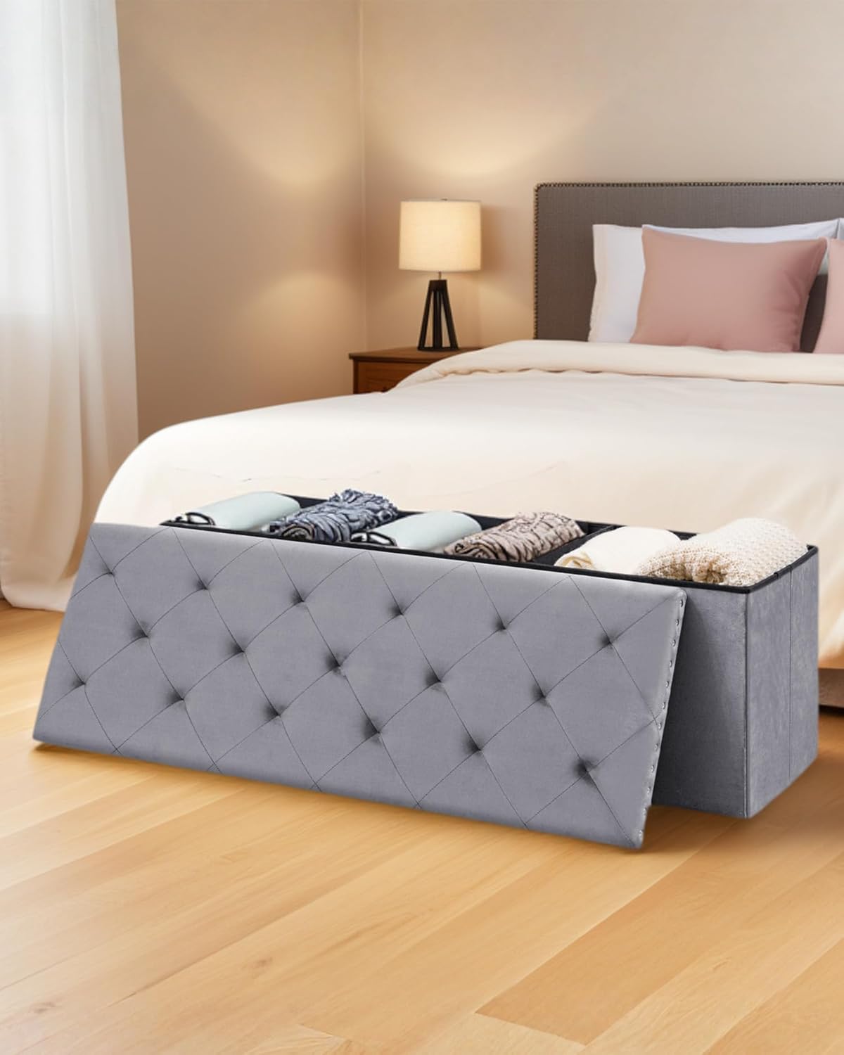 Velvet Storage Ottoman Bench, 43.3" Folding Ottoman with Rivet Trim, Heavy-Duty Upholstered Entryway Bench, Sturdy Footrest and Seat for Bedroom, Living Room, Holds up to 660 LBS, Grey
