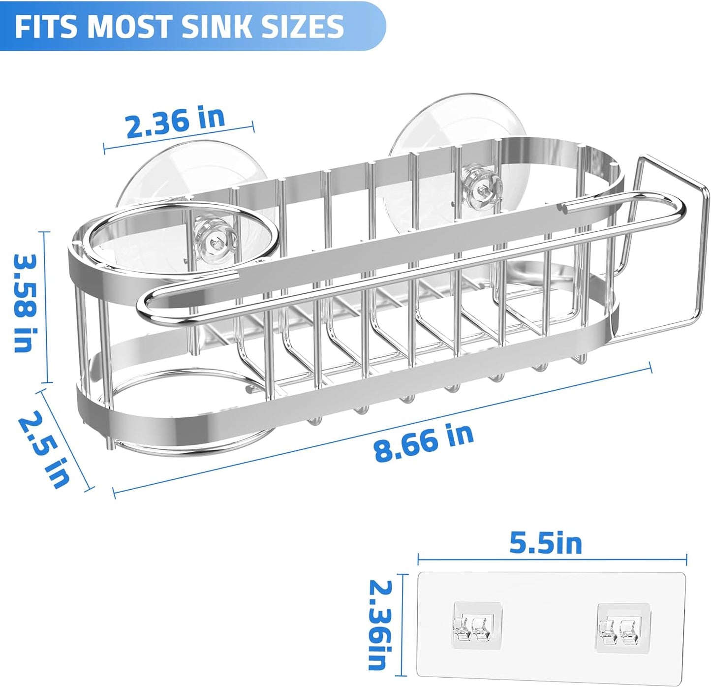 Cisily Kitchen Sink Caddy Sponge Holder in The Sink, Stainless Steel Kitchen Sink Organizer, Brush Holder, Dish Cloth Hanger, Sink Stopper Holder with 2 Installation Ways (Suction & Adhesives, Silver