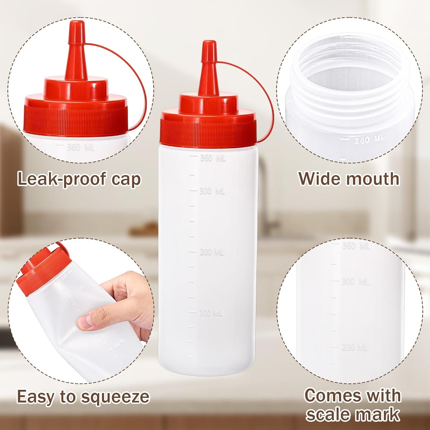 Condiment Squeeze Bottles Ketchup Dispenser, 4 Pack 12oz Squeeze Bottles for Liquids, Plastic Sauce Bottle with Cap Lid, Squirt Bottles for Sauces Liquids BBQ Dressing Pancake Art