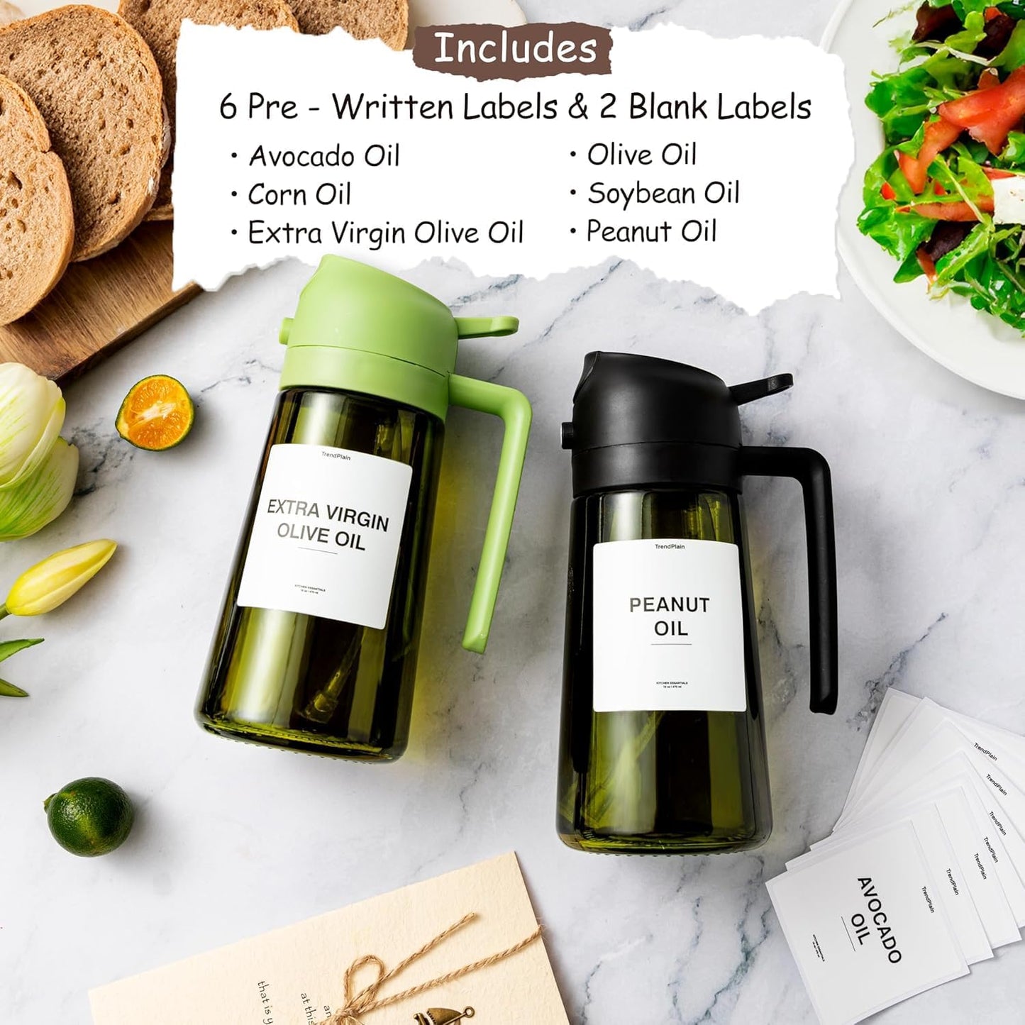 TrendPlain - Original 16oz/470ml Olive Oil Dispenser Bottle for Kitchen Gadgets and Air Fryer Accessories - Olive Oil Sprayer for Cooking w/Stickers - Green