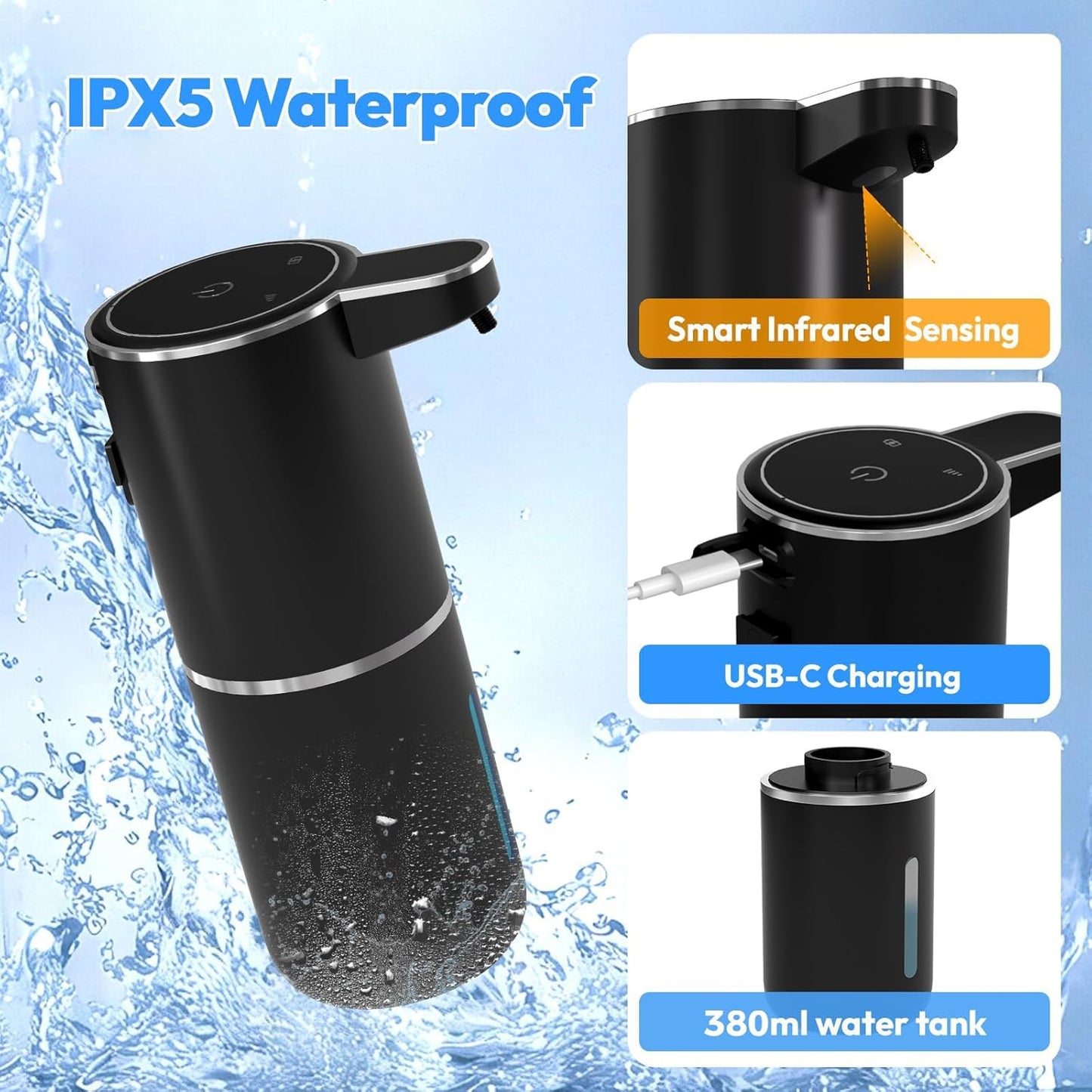 2 Pack Automatic Foaming Soap Dispenser,Touchless Foam Soap Dispenser,12.8oz Rechargeabled Wall Mounted Smart for Bathroom and Kitchen Dish Soap,Easy for Toddlers(Black)