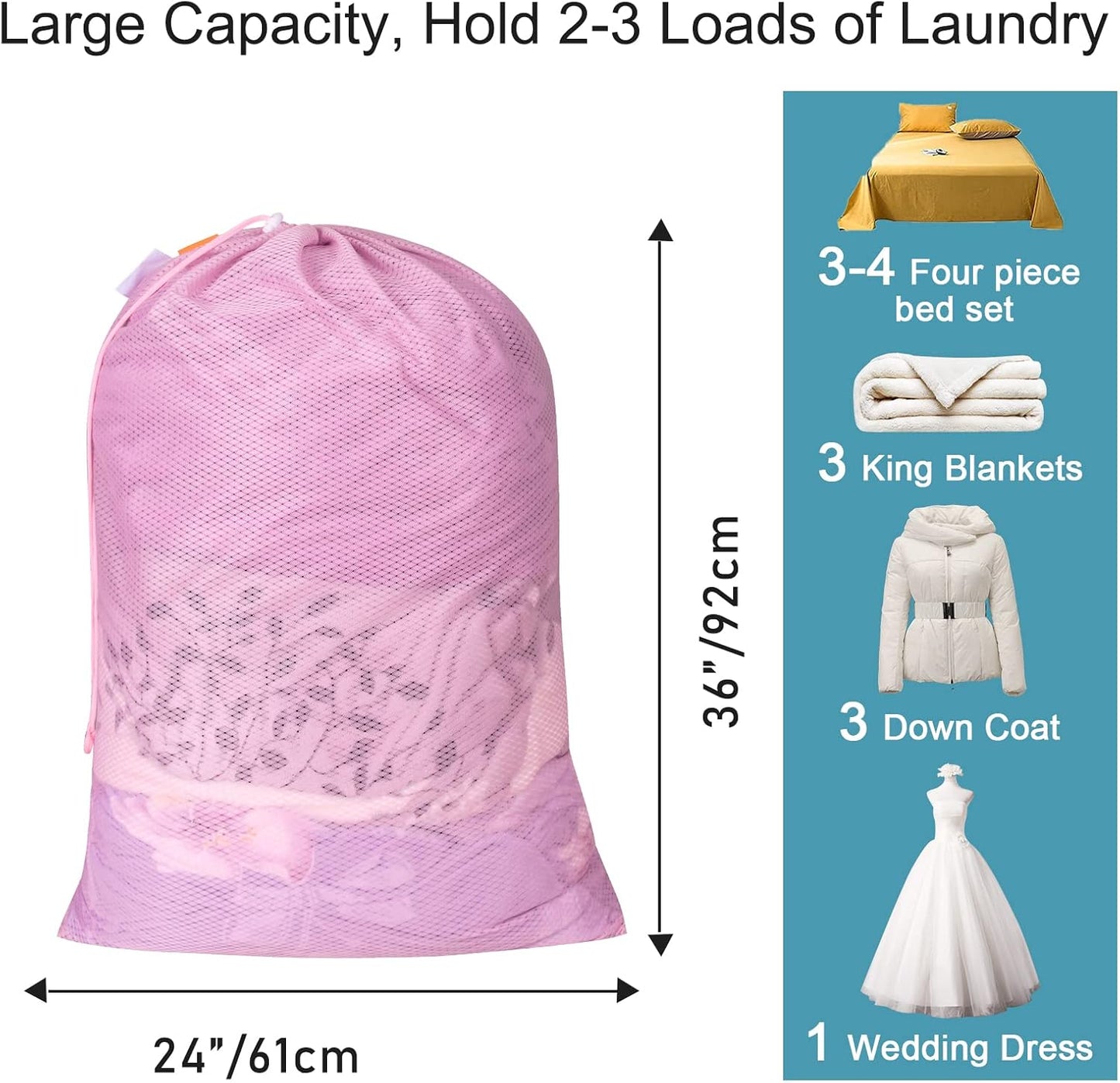 Polecasa Heavy Duty Diamond Large Mesh Laundry Bag with ID Tag and Locking Drawstring Closure - 24 x 36 inches - Laundry Hamper Liner, Washable Laundry Bags for Travel, Sports, Dorms (Pink)