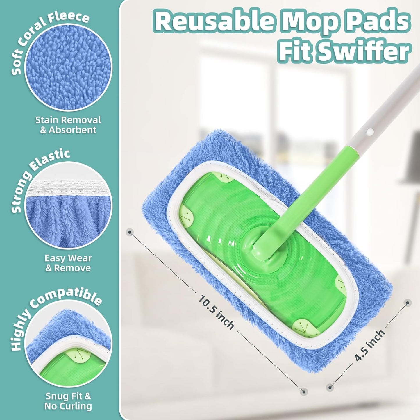 Reusable Mop Pads Compatible with Swiffer Sweeper Mop, Microfiber Dry Sweeping Cloths & Machine Washable Wet Pads Refill for Use on All Sealed Floors - Stone, Hardwood, Laminate & Tile (6 Blue)