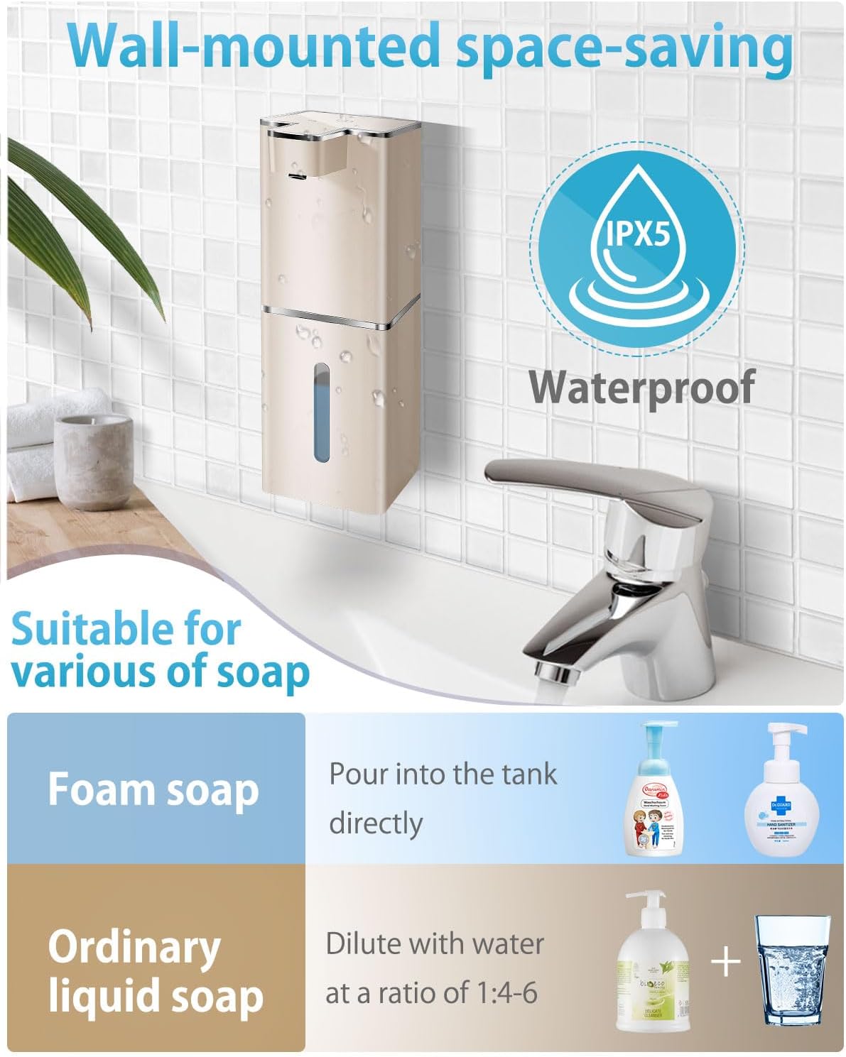 Automatic Soap Dispenser Touchless Foaming Soap Dispenser 300ml/12.8oz Rechargeable, Wall Mounted 4 Levels Adjustable Foam Soap Pump for Bathroom Kitchen Dish Soap