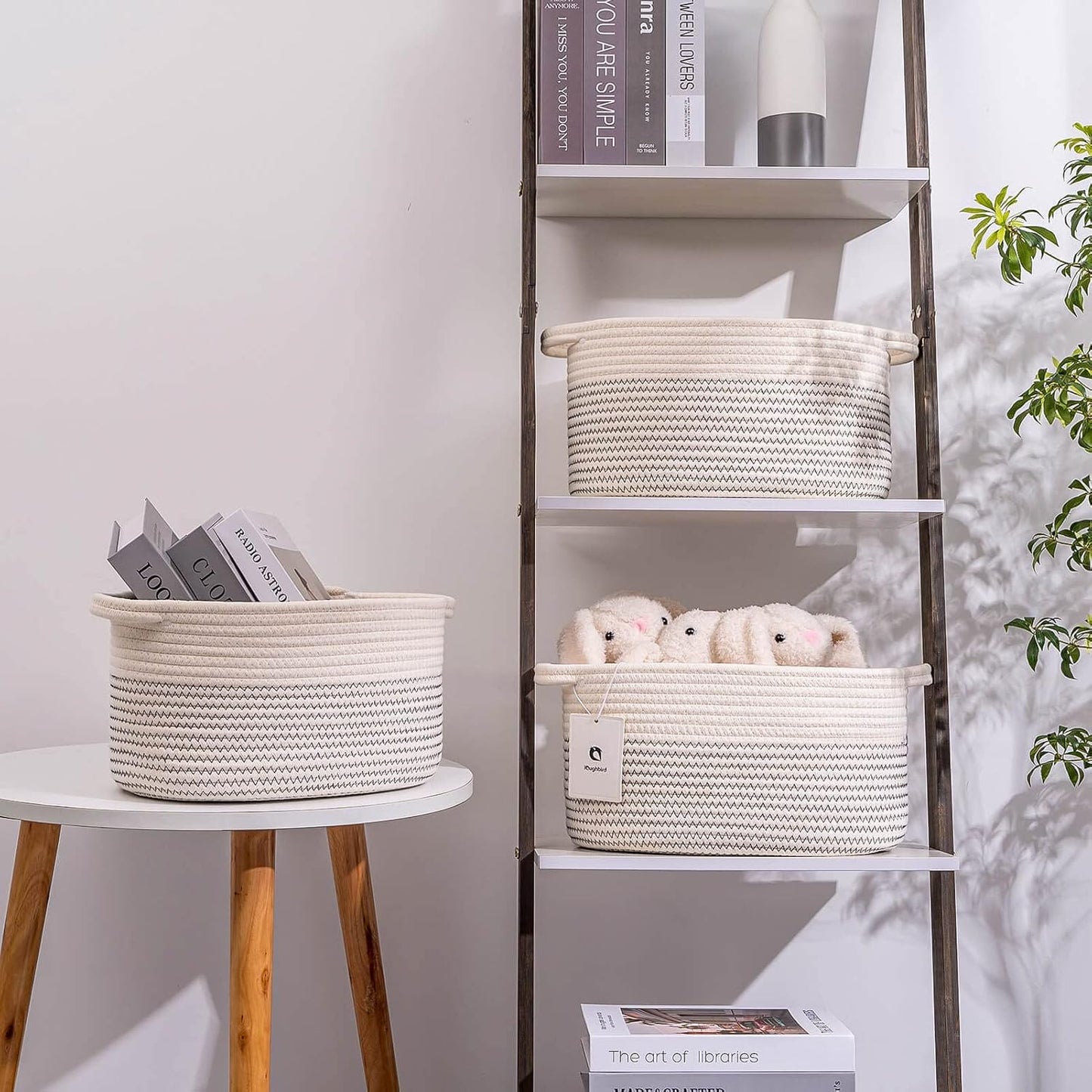 Medium and Large Woven Basket//With Handle, Used for Toys and Fabric Storage Basket used for Storing xl Storage Box, Decorative Storage Box Room 2pack (White/black line, L13×W9×H7)