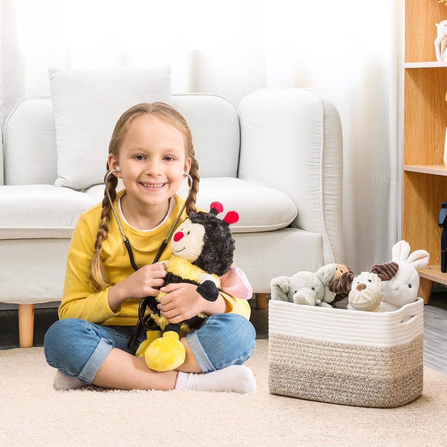 Small Storage Baskets for Organizing Shelves, Woven Cotton Rope Basket for Storage, Cute Rectangular Book Toy Baskets, 12.7"×9.1"×7.9", 4 Packs, Gradient Brown