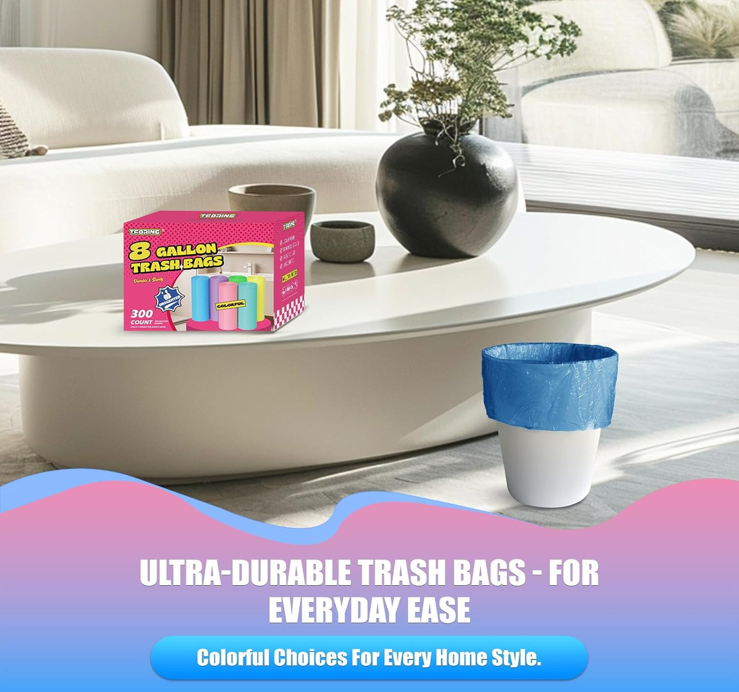 300 Count 8 Gallon Trash Bags - Heavy Duty Medium Garbage Bags 30 Liter Unscented 0.94 Mil Thick & Leakproof Wastebasket Liners for Kitchen Bathroom Home