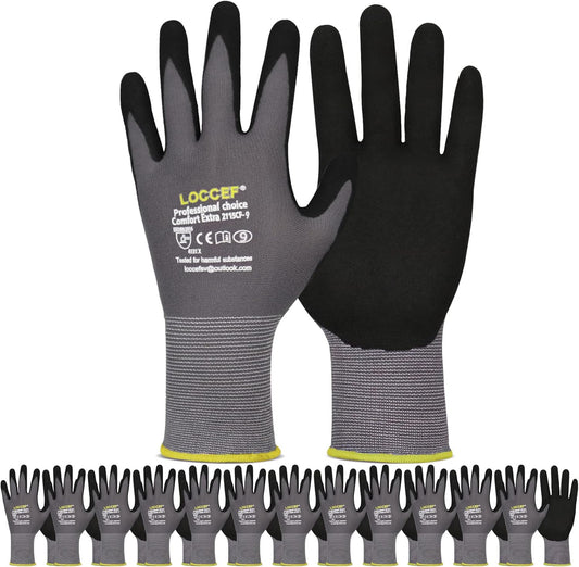 LOCCEF Work Gloves MicroFoam Nitrile Coated-6 Pairs,Seamless Knit Nylon Gloves,Gray Work gloves