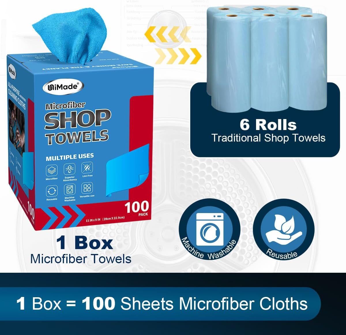 Shop Towels, 100 Sheets Microfiber Cleaning Cloth Commercial Grade Washcloths Lint-Free Bulk Shops Rags for Cars Mechanic Restaurant Garage Housekeeping, 11"x 9", Blue