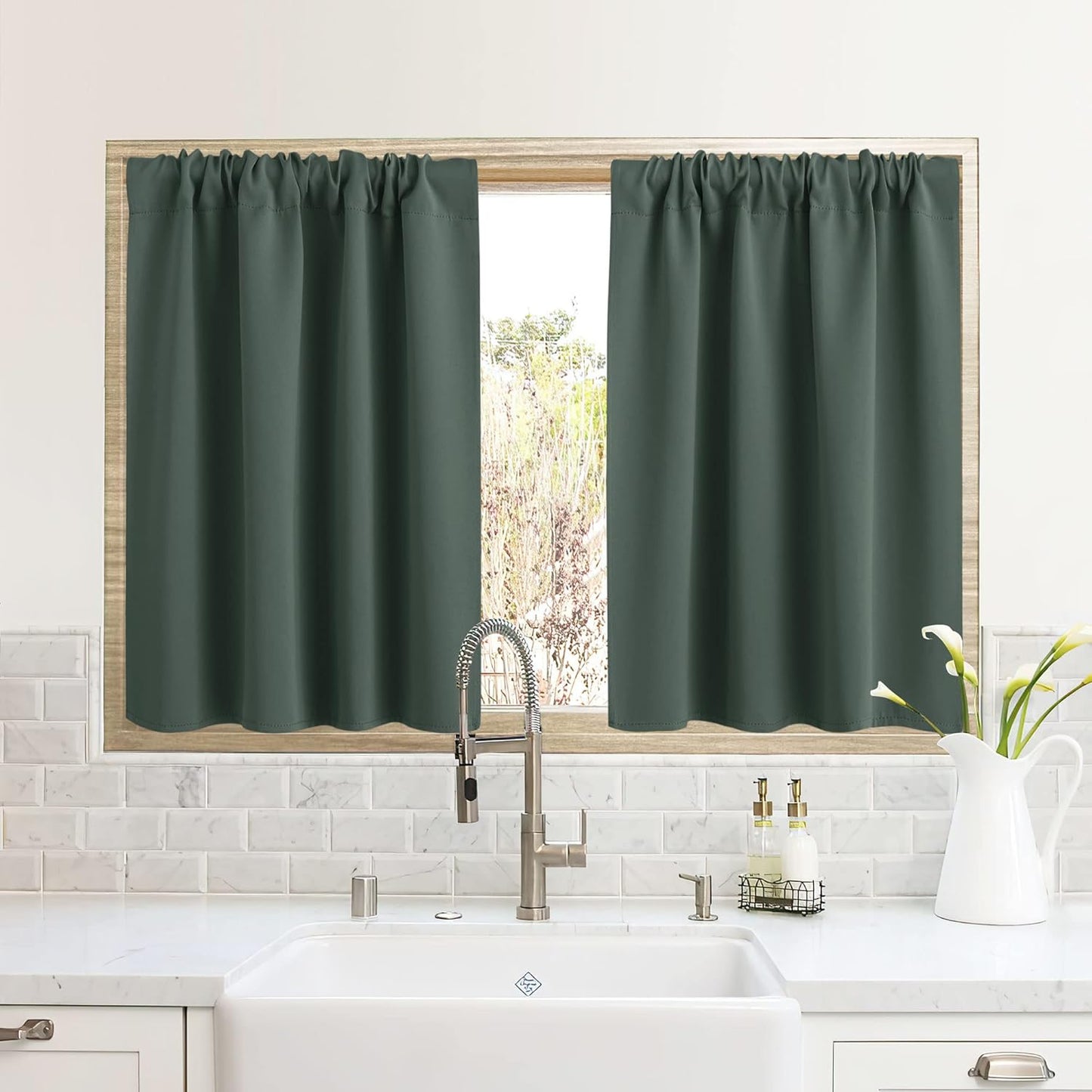 RYB HOME RV Camper Door Window Curtains -Blackout Privacy Curtains & Drapes for Bathroom Bedroom Kitchen Portable Travel Trailer Small Window Decor, W 34 x L 24, Dark Green, 2 Panels