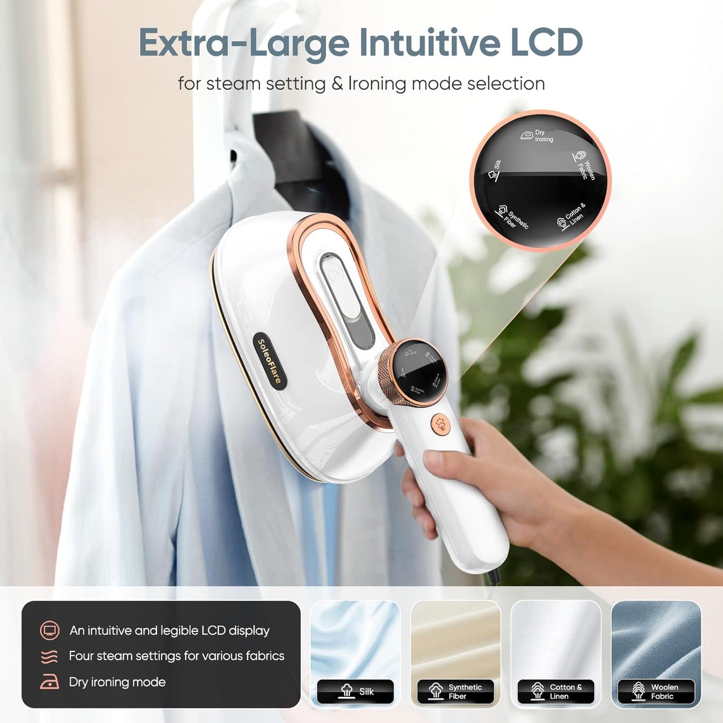 Steamer for Clothes & Iron 2in1, 1200W Travel Steam Iron, 5 Modes LCD, 180ml for 20 Min Steam, UL 141 Tests Passed, White, 120V