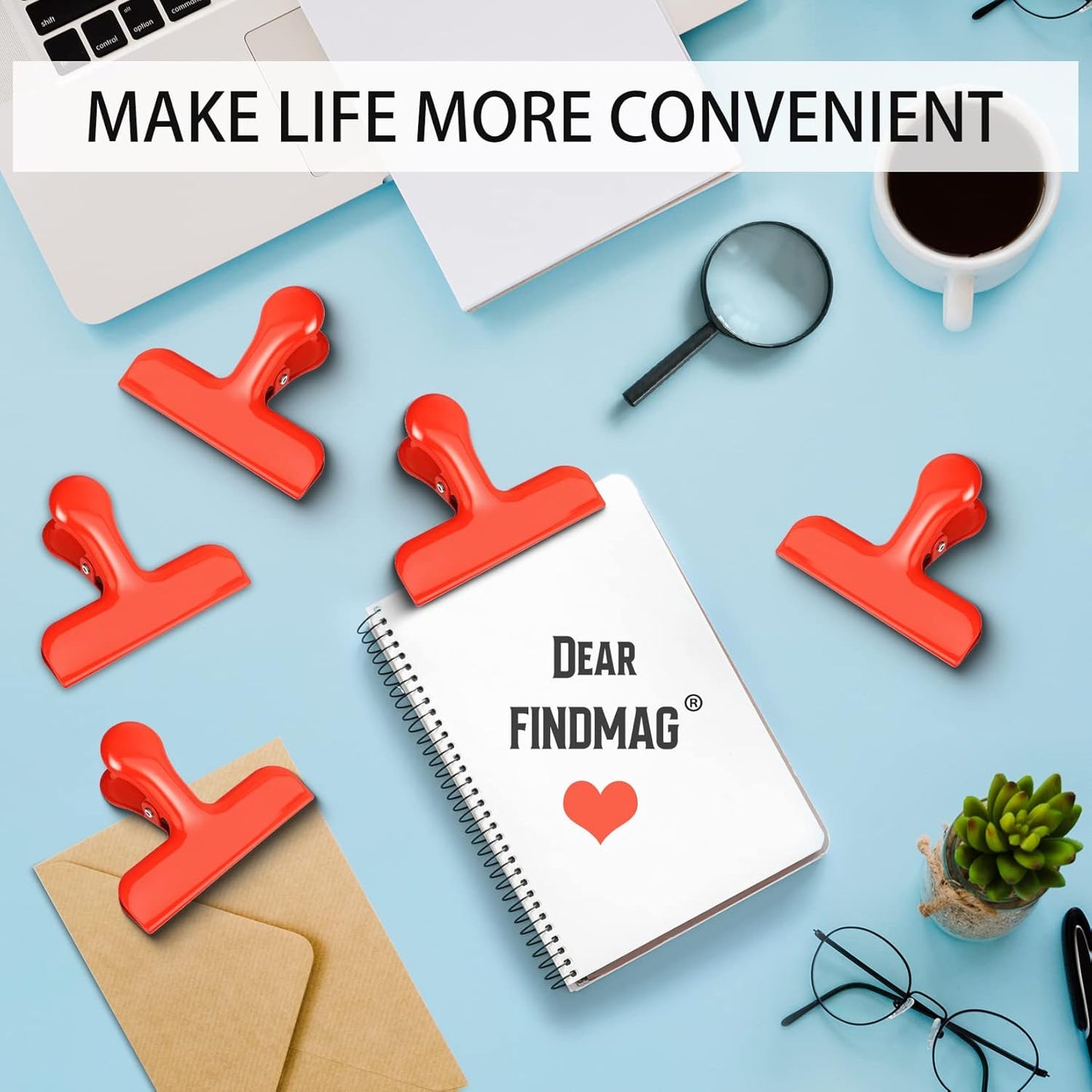 Bag Clips Heavy Duty Stainless Steel Chip Clips, Food Bags Clamp Great for Kitchen Office to Seal Coffee Bags, Paper Sheets - Pack of 8（Red）