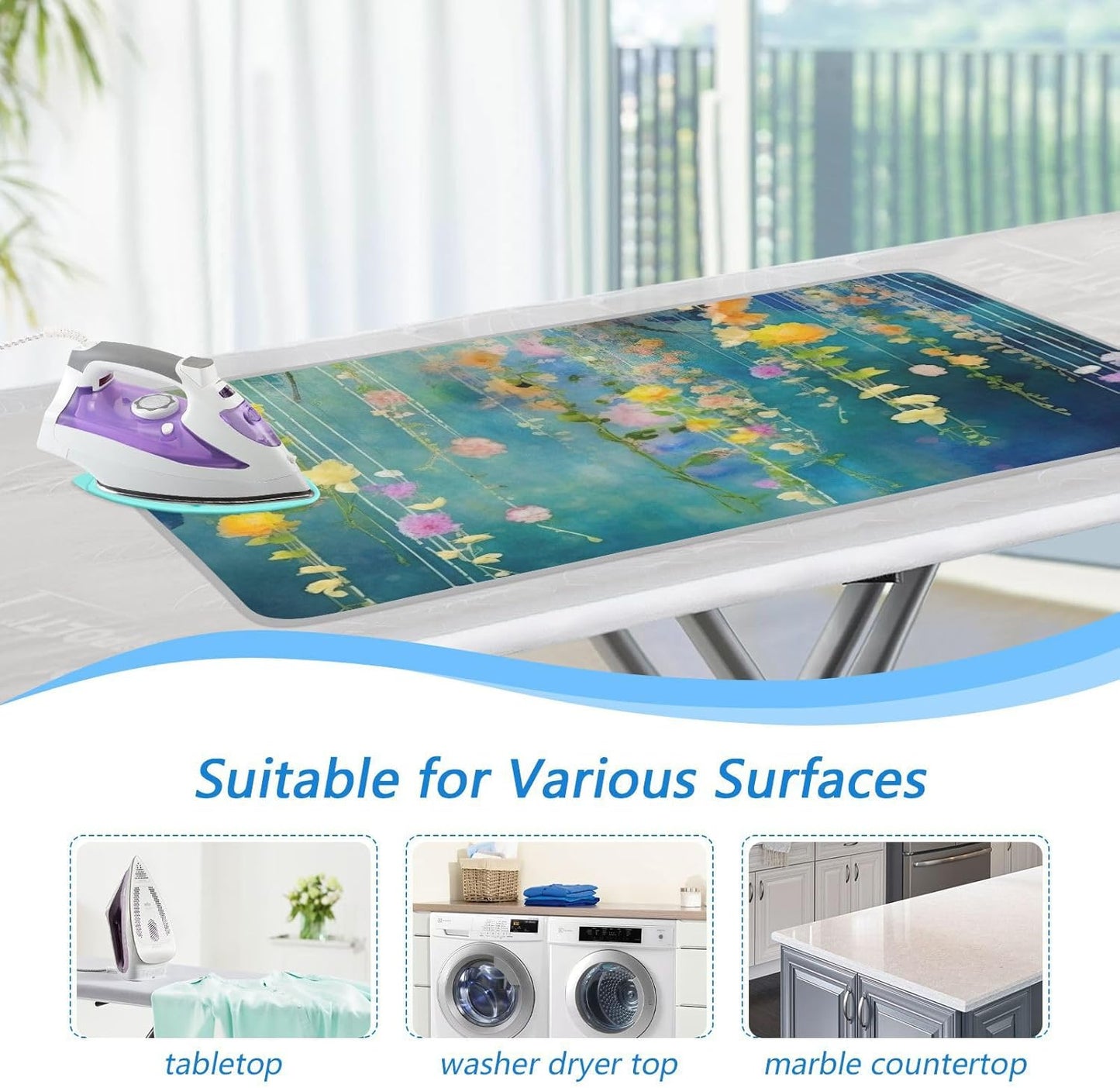 Kigai Watercolor Fowers Ironing Blanket Thick Portable Ironing Pad Travel Ironing Mat with Silicone Pad Heat Resistant Ironing Board Cover for Table Top, Washer, Dryer, 27.6" x 47.2"