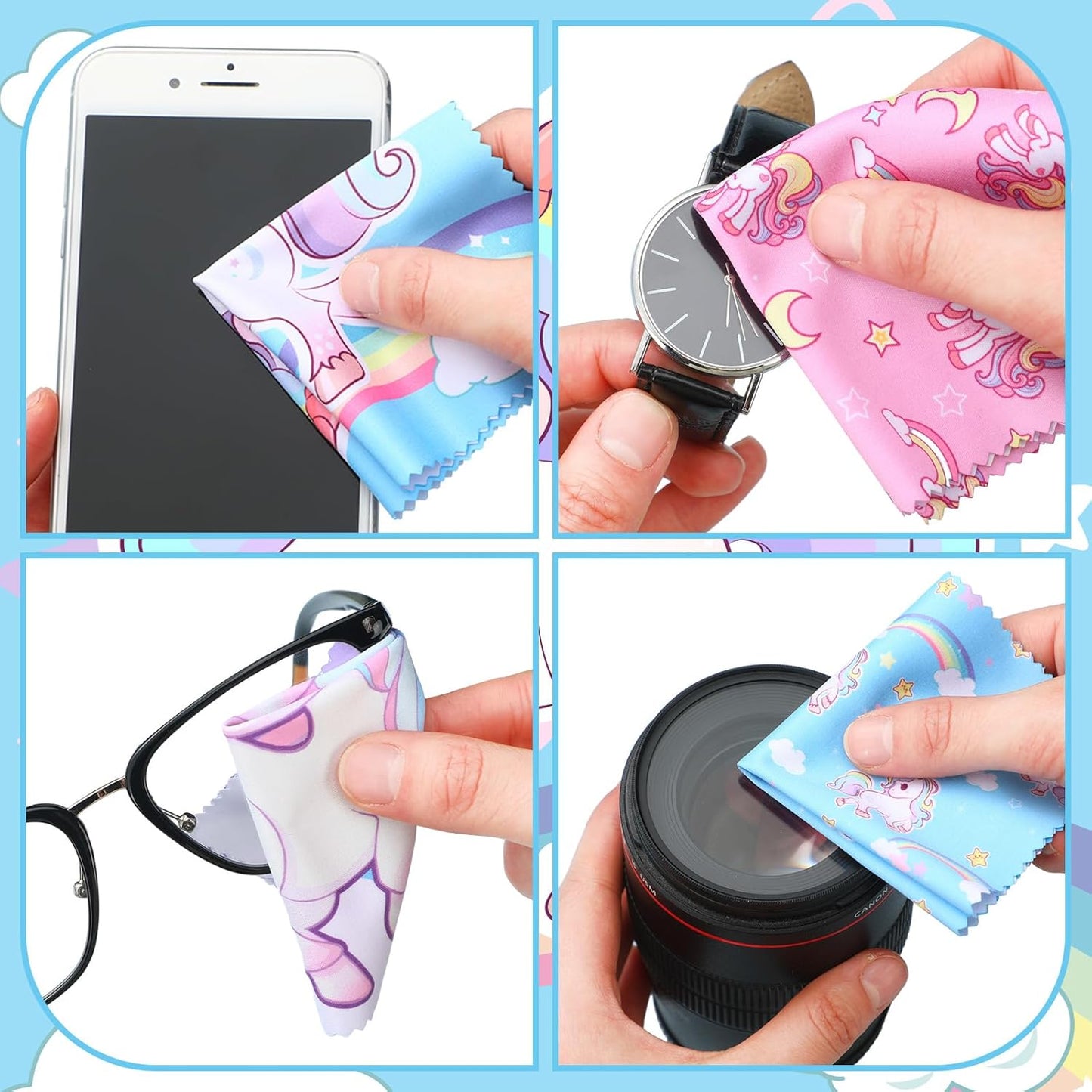 Sinmoe 20 Pcs Microfiber Cleaning Cloth Cute Unicorn Design Microfiber Soft Multicolor Glasses Cleaner Cloth for Eyeglasses Camera Lens Cell Phone Screens Glasses, 6 x 6 Inches