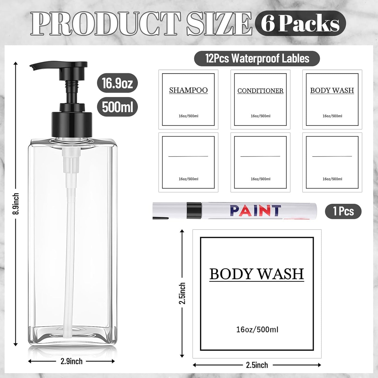 Tanlade 6 Pcs Shampoo and Conditioner Dispenser Bottles 16oz Modern Shower Soap Bottles with Pump, Labels and Marker Pen Easy to Refill Body Wash Dispensers for Home Bathroom Decoration(Clear)