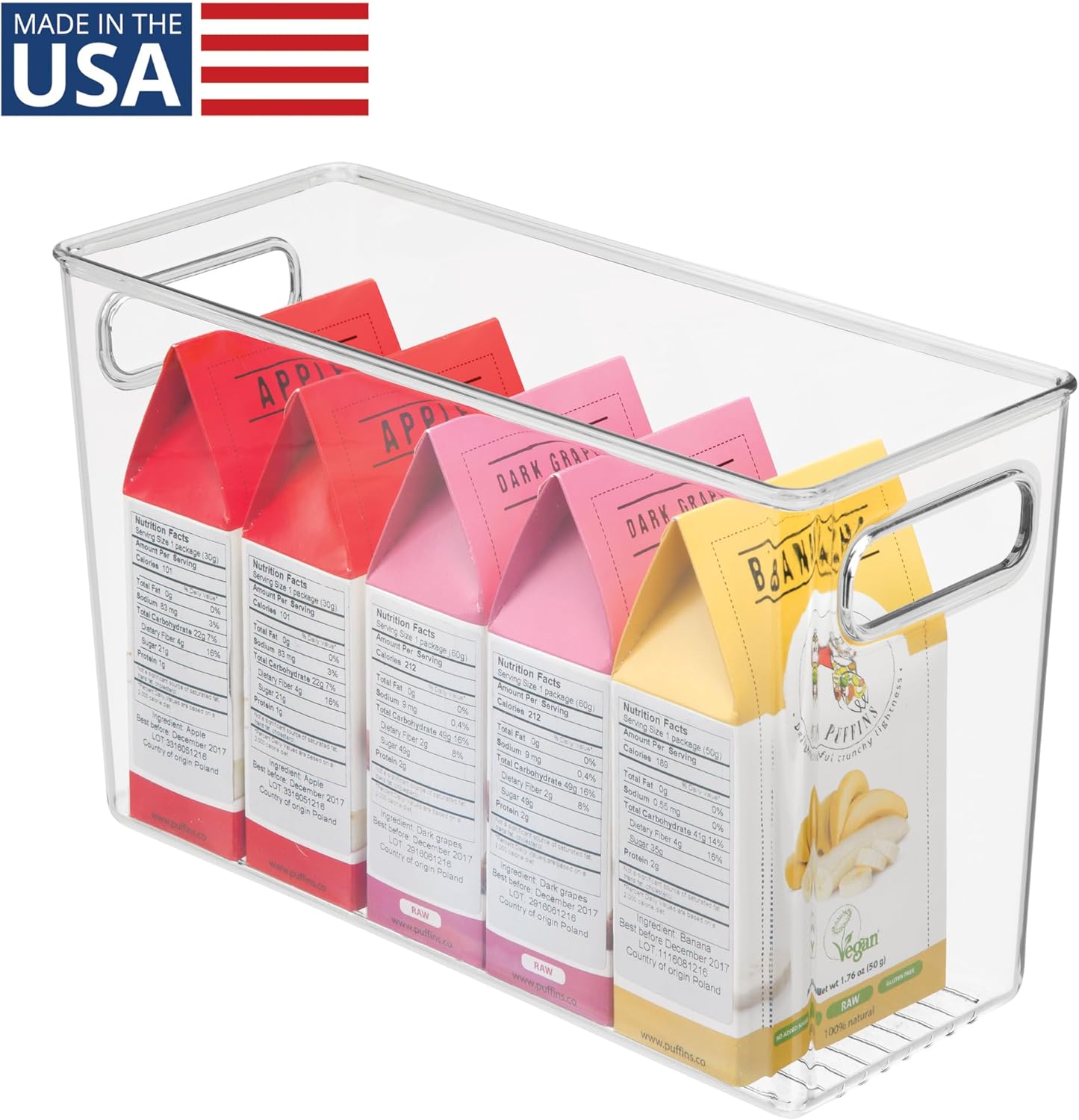 iDesign Plastic Stackable Kitchen Organizer Bin with Easy to Grip Integrated Handles for Kitchen, Fridge, Freezer, Pantry and Cabinet Organization, The Linus Collection – 12" x 5" x 7.75", Clear