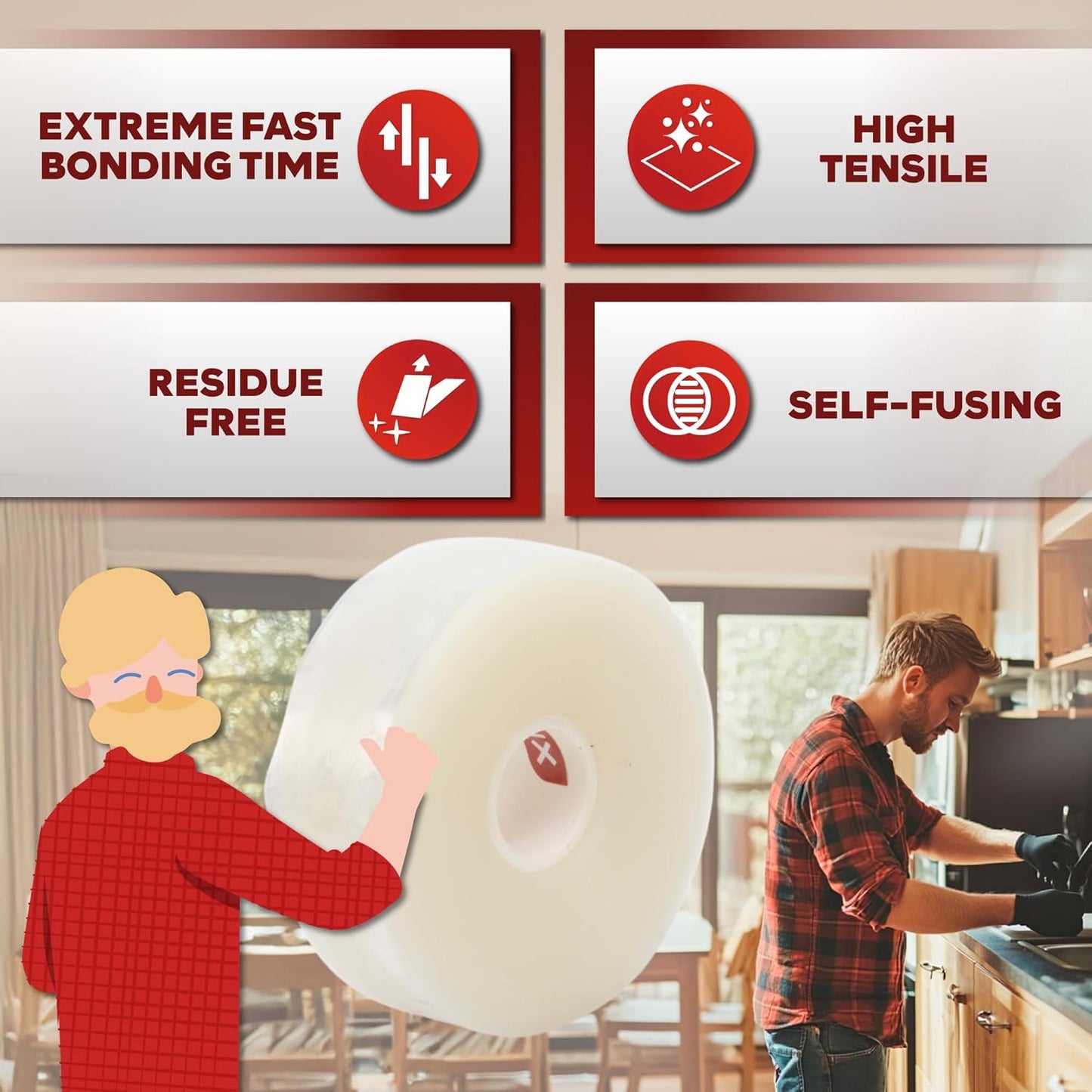 XFasten Self Fusing Silicone Tape Waterproof Clear – 1" x 36 Feet (3-Pack 108ft), Self Amalgamating Tape, Silicone Rubber for Plumbing, Sealing Pipes, Hose Repair, Outdoor Coax and Electrical Cables