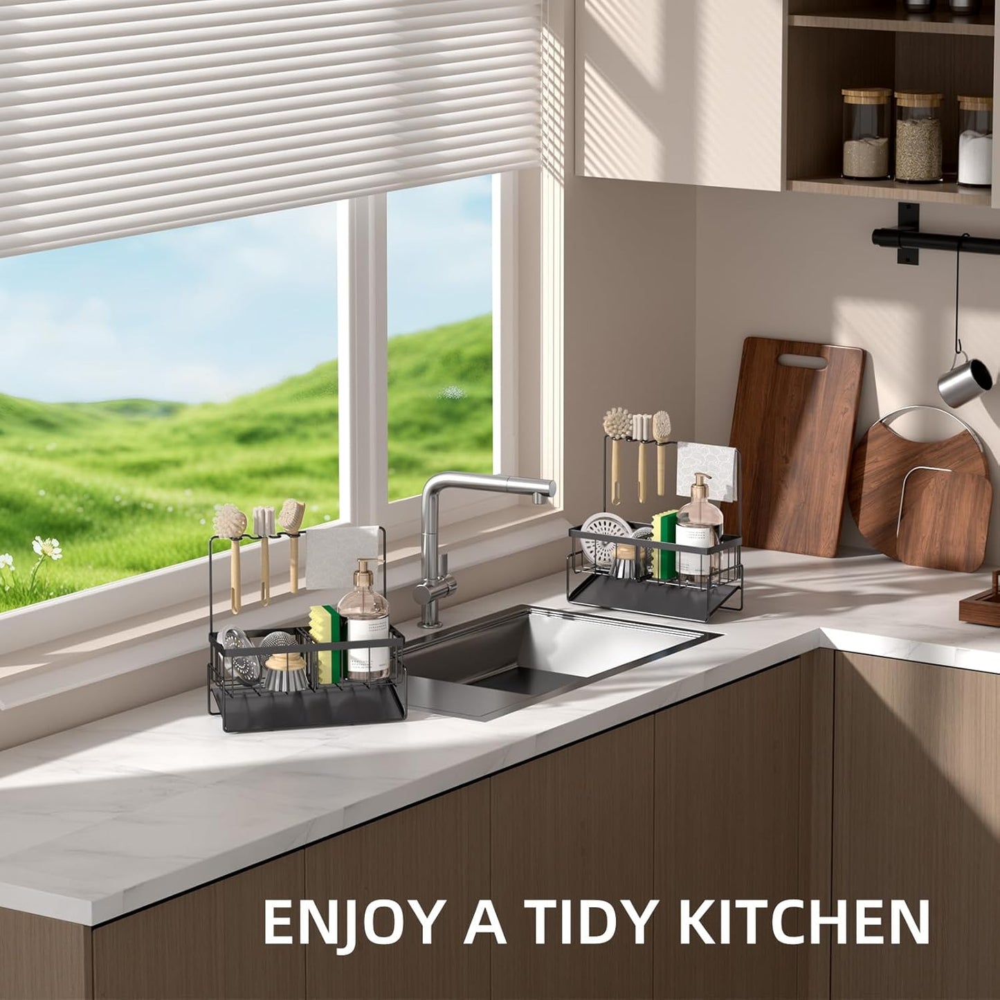 NET MEYA Sponge Holder for Kitchen Sink,Stainless Steel Sink Caddy With Brush Holder and Dishcloth Holder,Sink Oragnizer Kitchen Countertop Dish Soap Dispenser Set,Multifunctional Sink Organizer Caddy